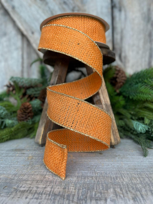 1.5" Orange Burlap Ribbon, Wired RIbbon, Fall Ribbon, Halloween Ribbon, BUrlap Ribbon, Orange Ribbon