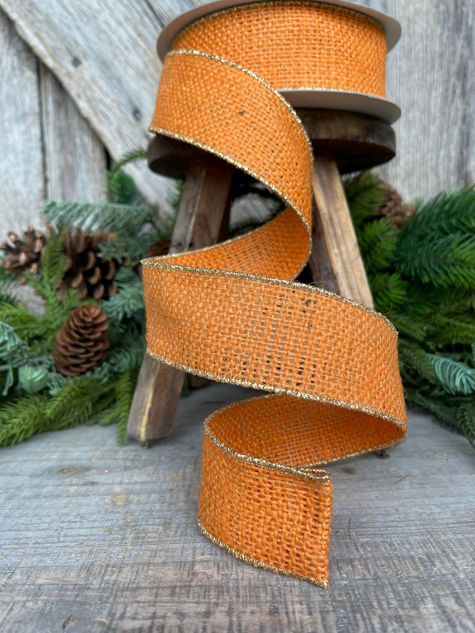 1.5" Orange Burlap Ribbon, Wired RIbbon, Fall Ribbon, Halloween Ribbon, BUrlap Ribbon, Orange Ribbon