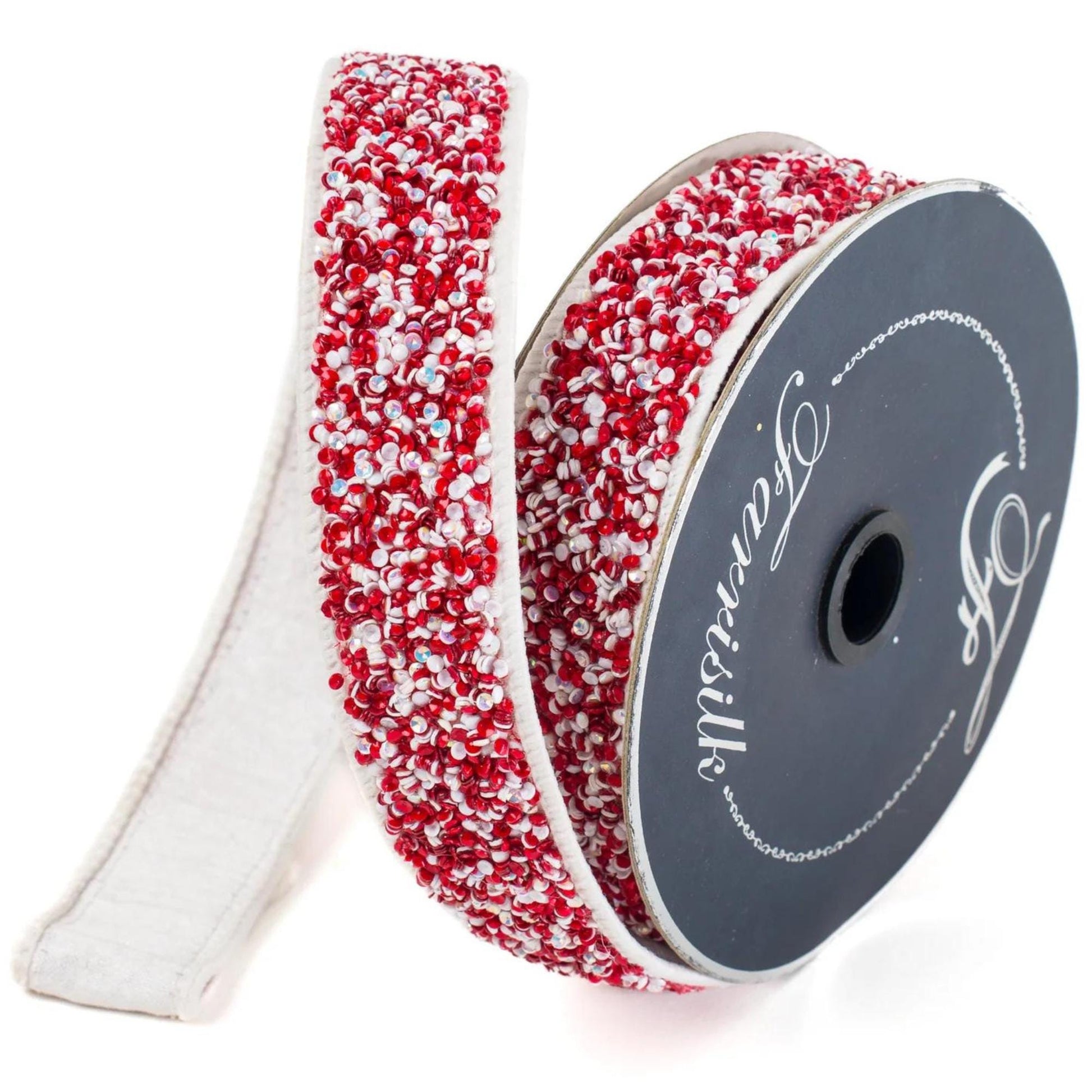 1.5" Sprinkles Ribbon, Farrisilk Ribbon, Beaded RIbbon, Red White Sprinkle Ribbon, Candy Ribbon, Designer Ribbon, Christmas Ribbon, RK333-57