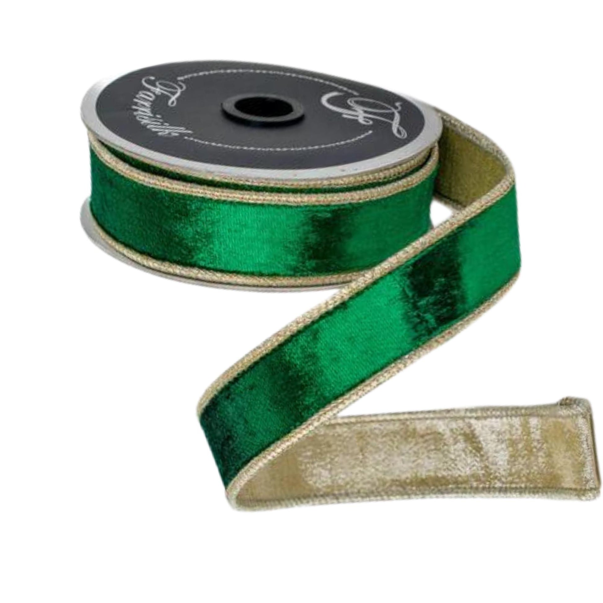 1" Emerald and Gold Satin Velvet Ribbon, Green Velvet Ribbon, Wired Ribbon, Christmas Ribbon, Christmas Decor, 1 inch Velvet Ribbon,RK661-55