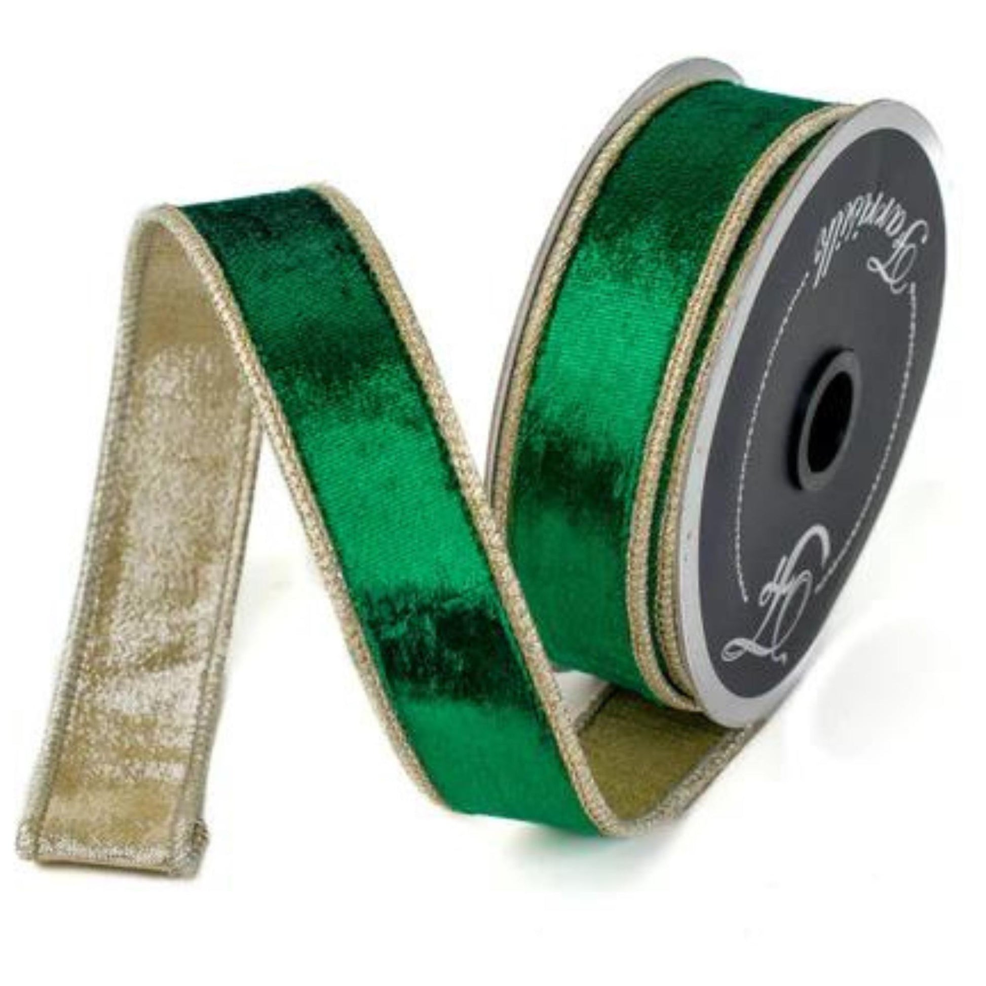 1" Emerald and Gold Satin Velvet Ribbon, Green Velvet Ribbon, Wired Ribbon, Christmas Ribbon, Christmas Decor, 1 inch Velvet Ribbon,RK661-55