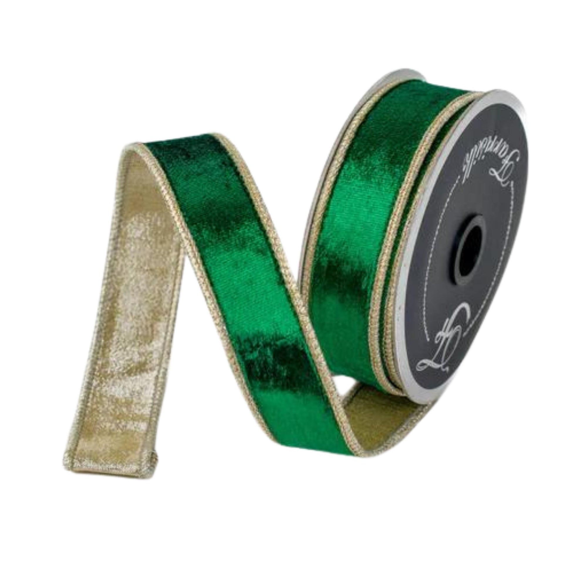 1" Emerald and Gold Satin Velvet Ribbon, Green Velvet Ribbon, Wired Ribbon, Christmas Ribbon, Christmas Decor, 1 inch Velvet Ribbon,RK661-55