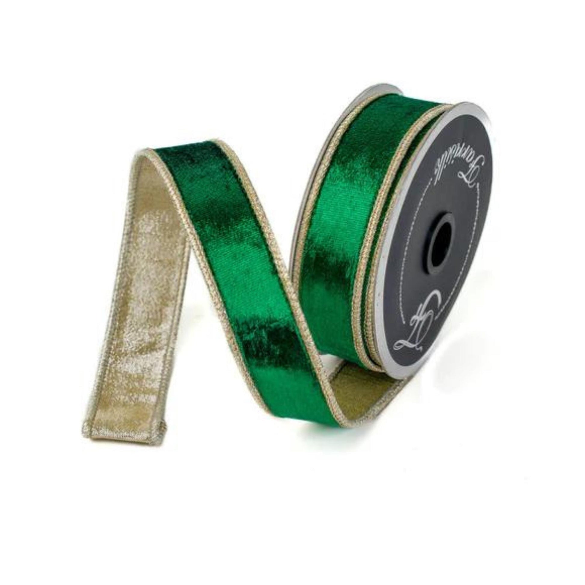 1" Emerald and Gold Satin Velvet Ribbon, Green Velvet Ribbon, Wired Ribbon, Christmas Ribbon, Christmas Decor, 1 inch Velvet Ribbon,RK661-55