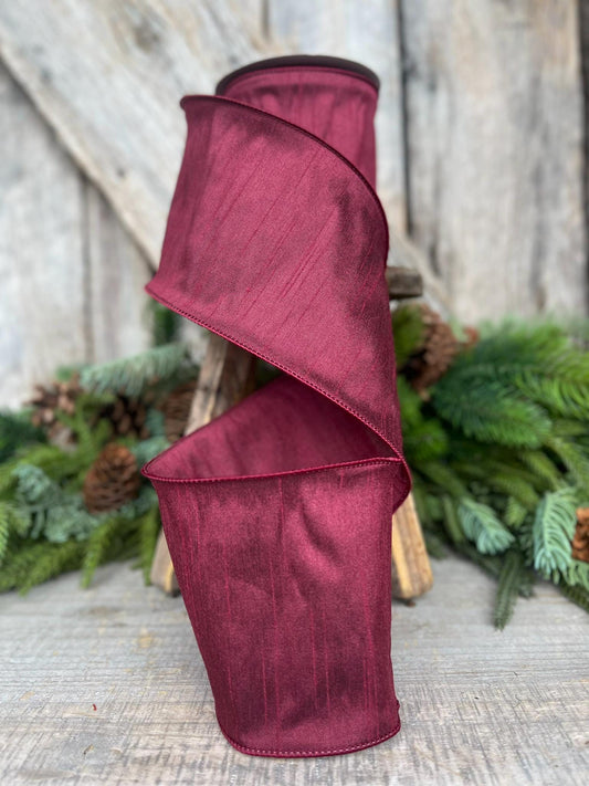 4" Burgundy Ribbon, Dupion Ribbon, Wired Ribbon, Ruby Ribbon, Maroon Ribbon, Christmas Ribbon, Fall Ribbon, Designer RIbbon