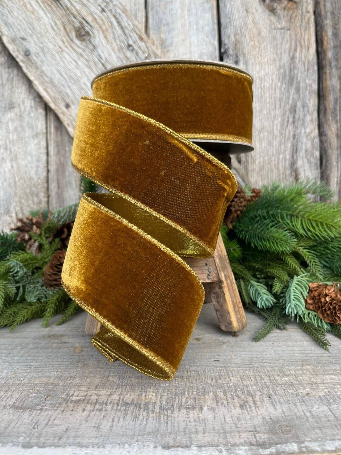 2.5" Antique Gold Wired Ribbon, Farrisilk Ribbon, Velvet Ribbon, Gold Velvet Ribbon, Christmas Ribbon, Wired Ribbon, Holiday Decor, RV002-09