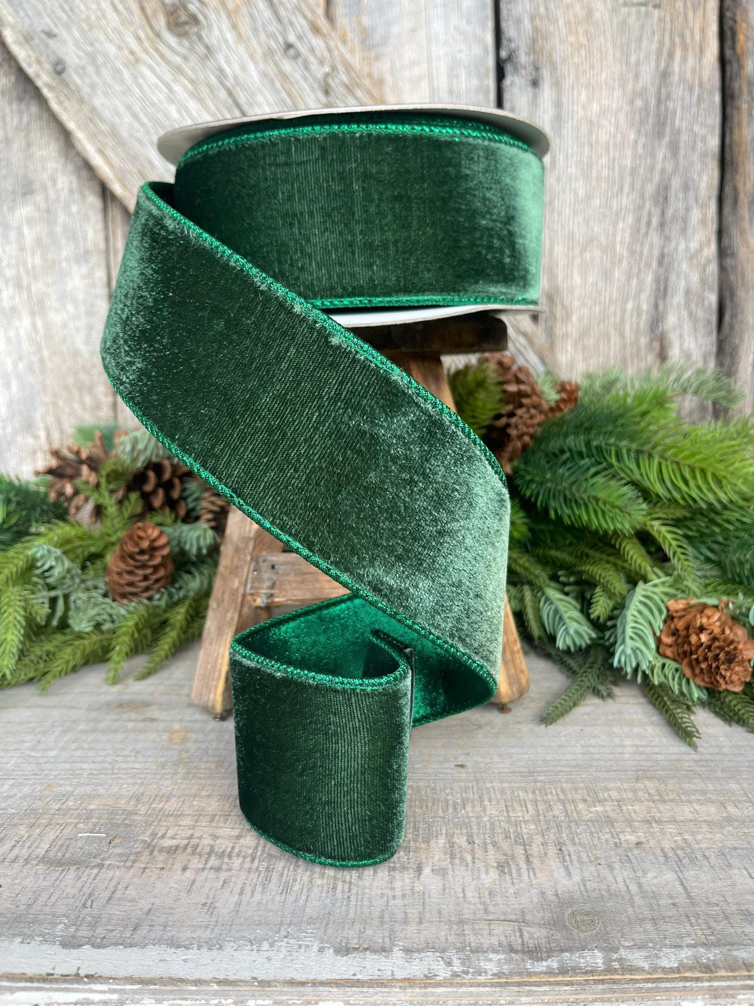 2.5" Dark Pine Velvet Ribbon, Farrisilk Ribbon, Green Velvet Ribbon, Dark Green Ribbon, Christmas Ribbon, velvet ribbon, RV002-38