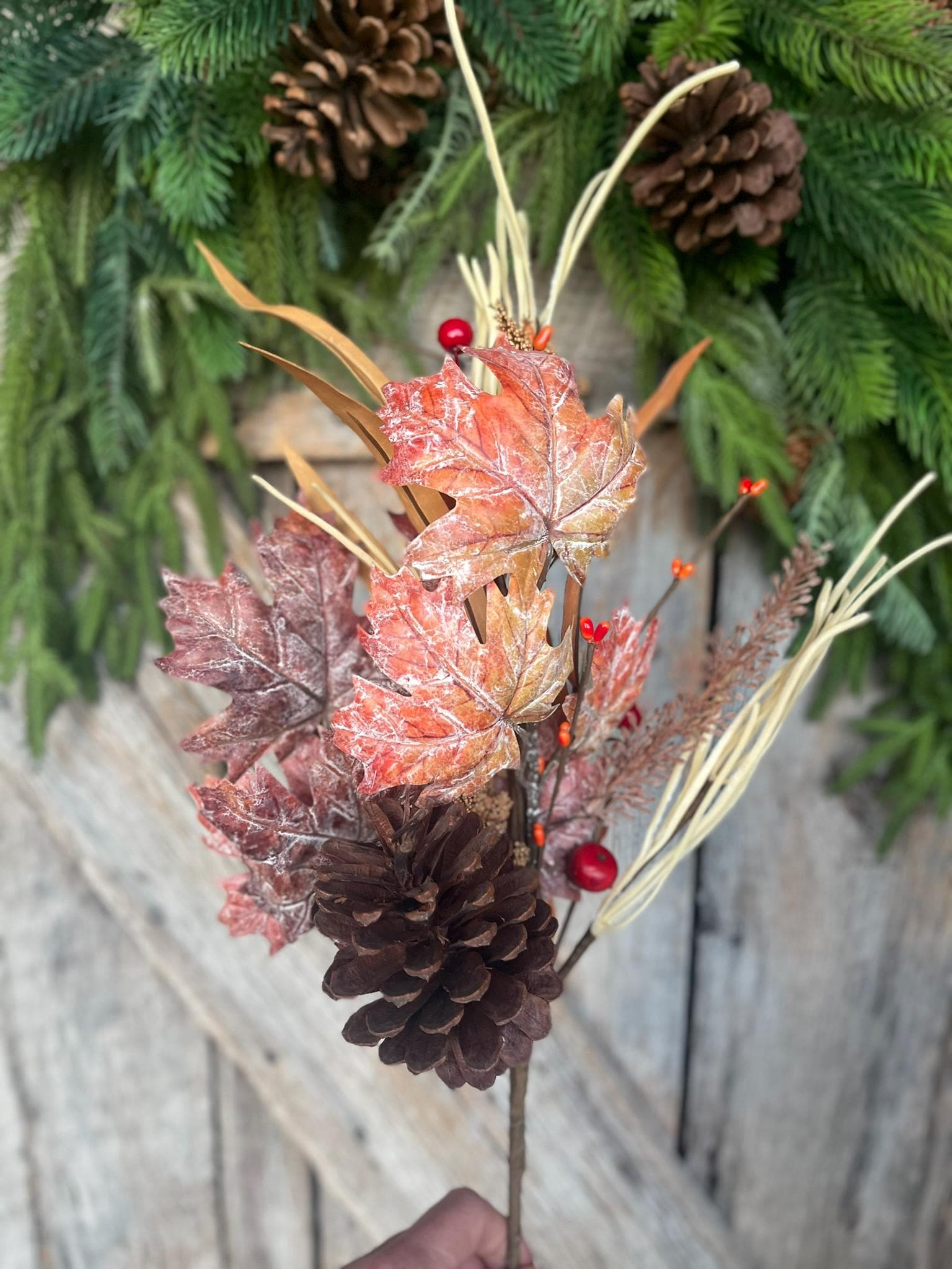 19" Maple Leaf Amaranthus Spray, Fall Leaf Spray, Fall Pinecone Spray, Fall Floral Supply, 64439