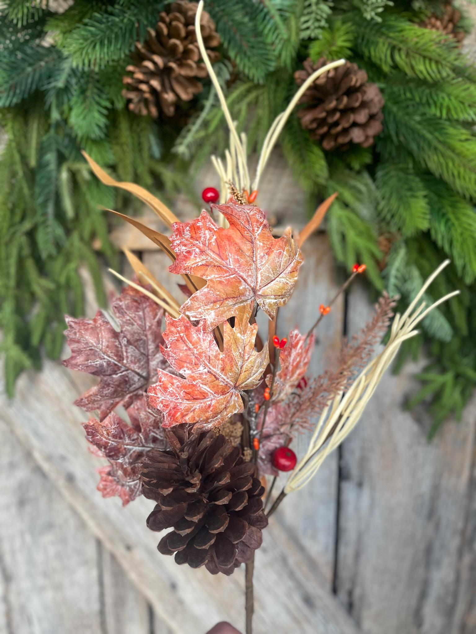 19" Maple Leaf Amaranthus Spray, Fall Leaf Spray, Fall Pinecone Spray, Fall Floral Supply, 64439