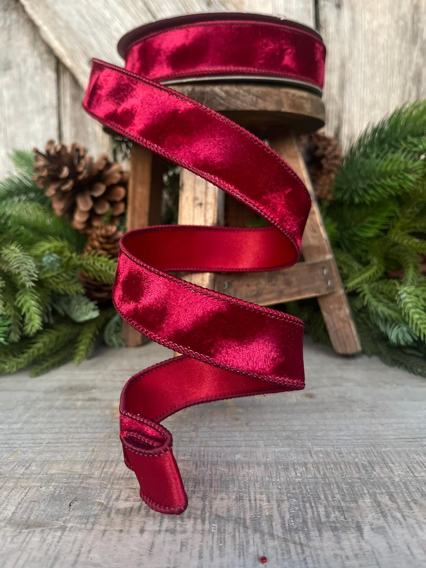 1” Burgundy Silken Velvet Ribbon, Farrisilk ribbon, Velvet ribbon, Christmas Ribbon, Wired Ribbon, maroon velvet, Velvet ribbon,Fall Ribbon