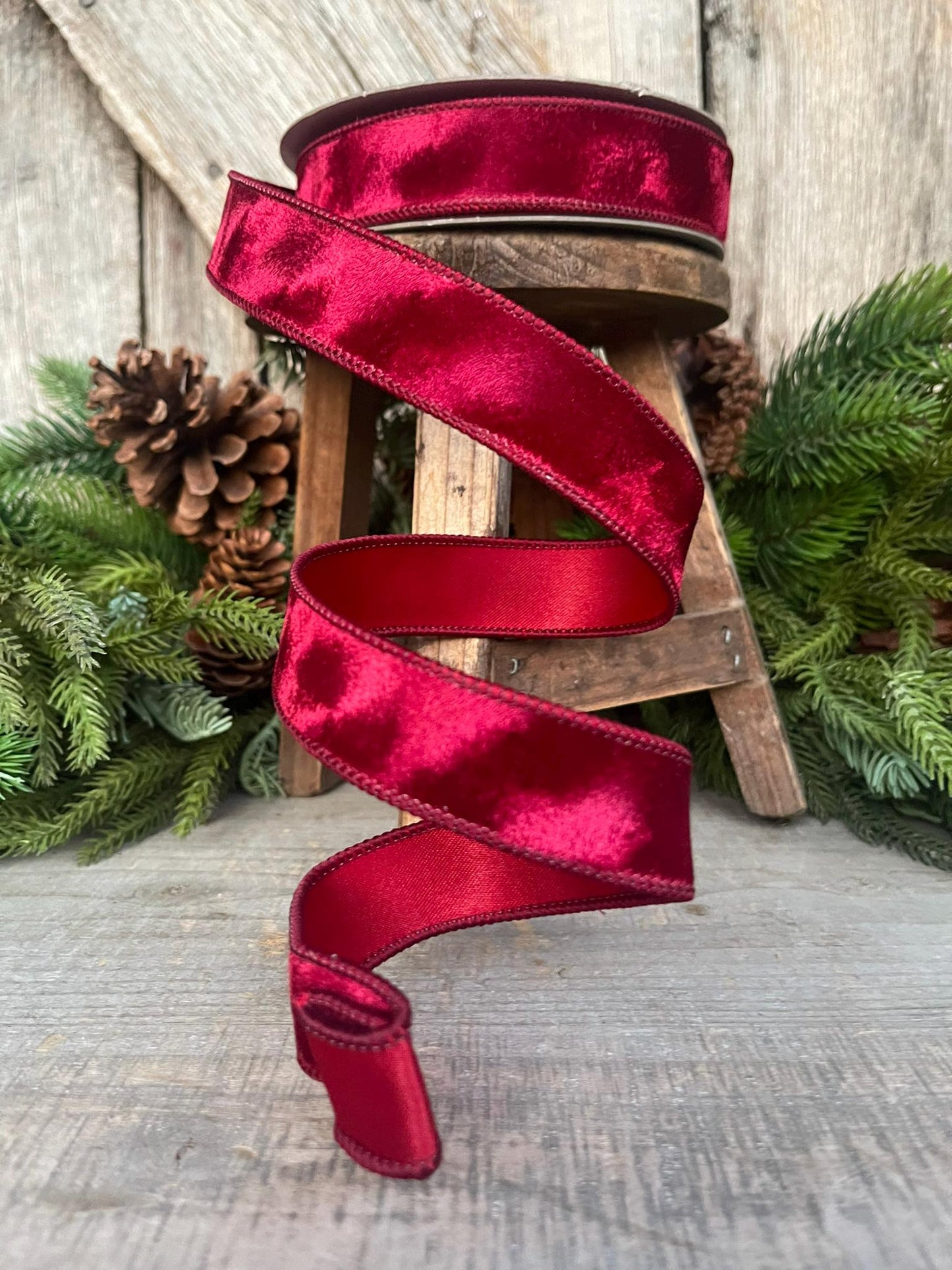 1” Burgundy Silken Velvet Ribbon, Farrisilk ribbon, Velvet ribbon, Christmas Ribbon, Wired Ribbon, maroon velvet, Velvet ribbon,Fall Ribbon