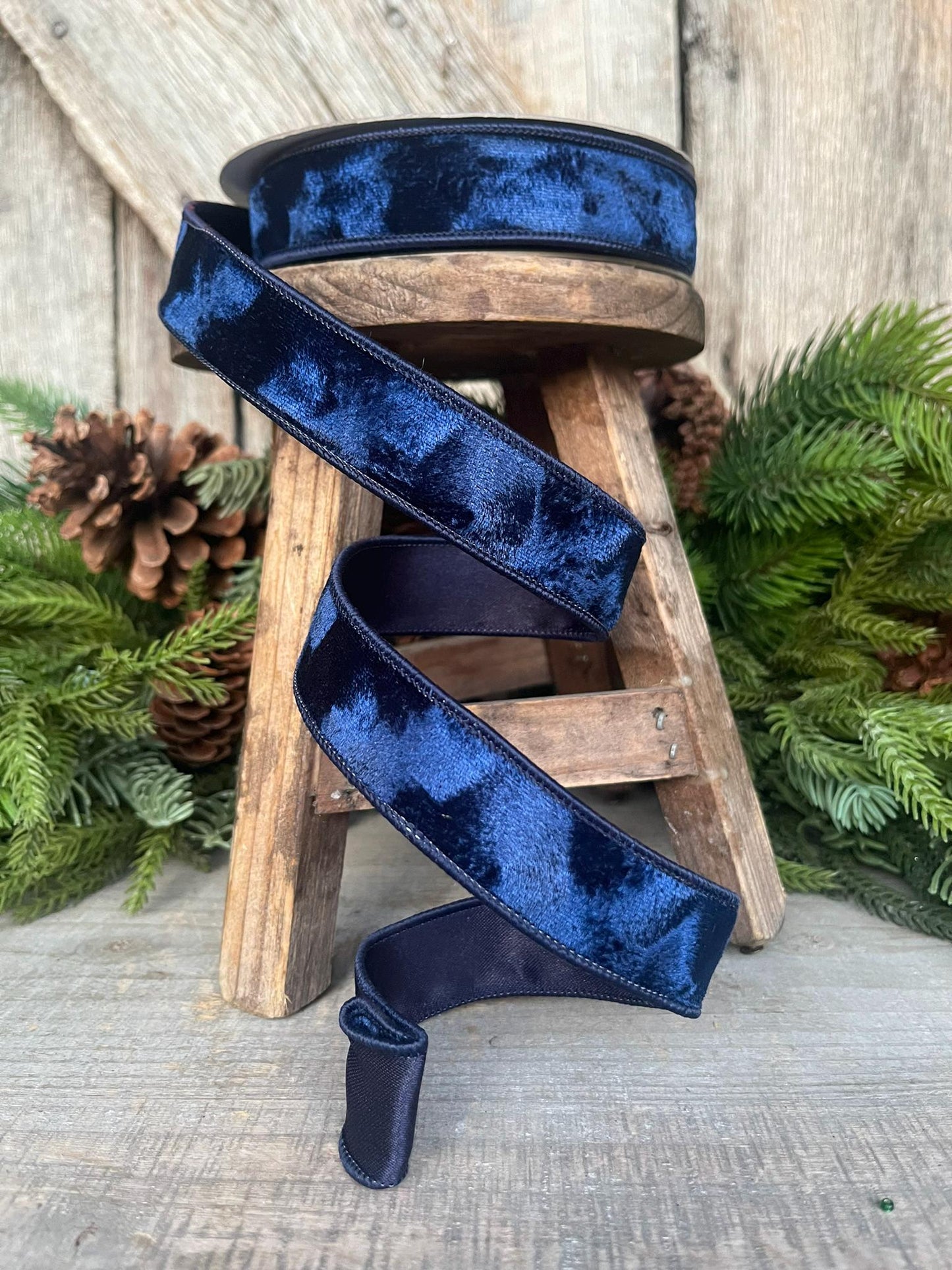 1" Navy Blue Velvet Ribbon, Silken Velvet Ribbon, Farrisilk Wired Velvet Ribbon, wired, Christmas Ribbon, Muted Blue Velvet Ribbon