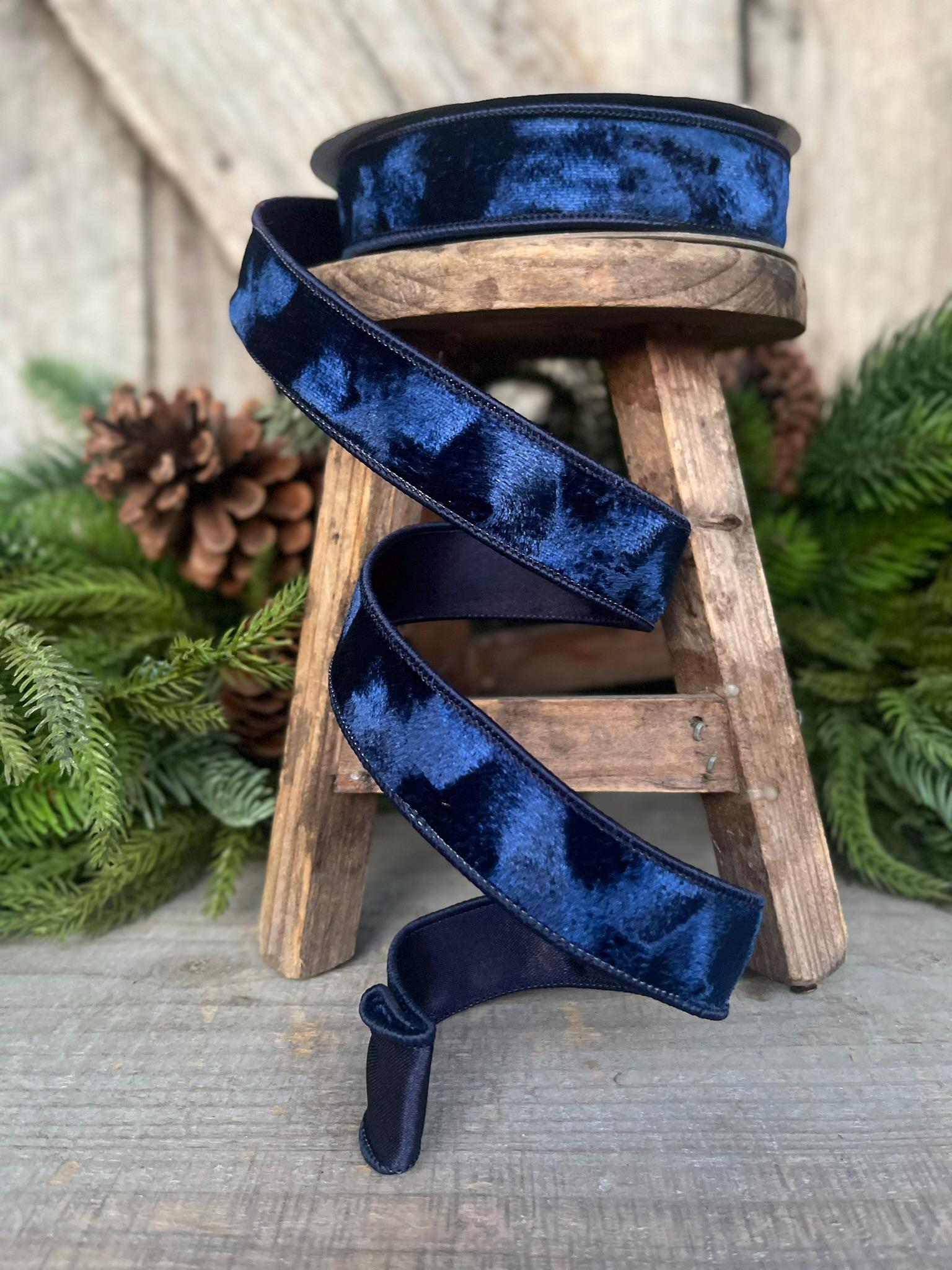 1" Navy Blue Velvet Ribbon, Silken Velvet Ribbon, Farrisilk Wired Velvet Ribbon, wired, Christmas Ribbon, Muted Blue Velvet Ribbon