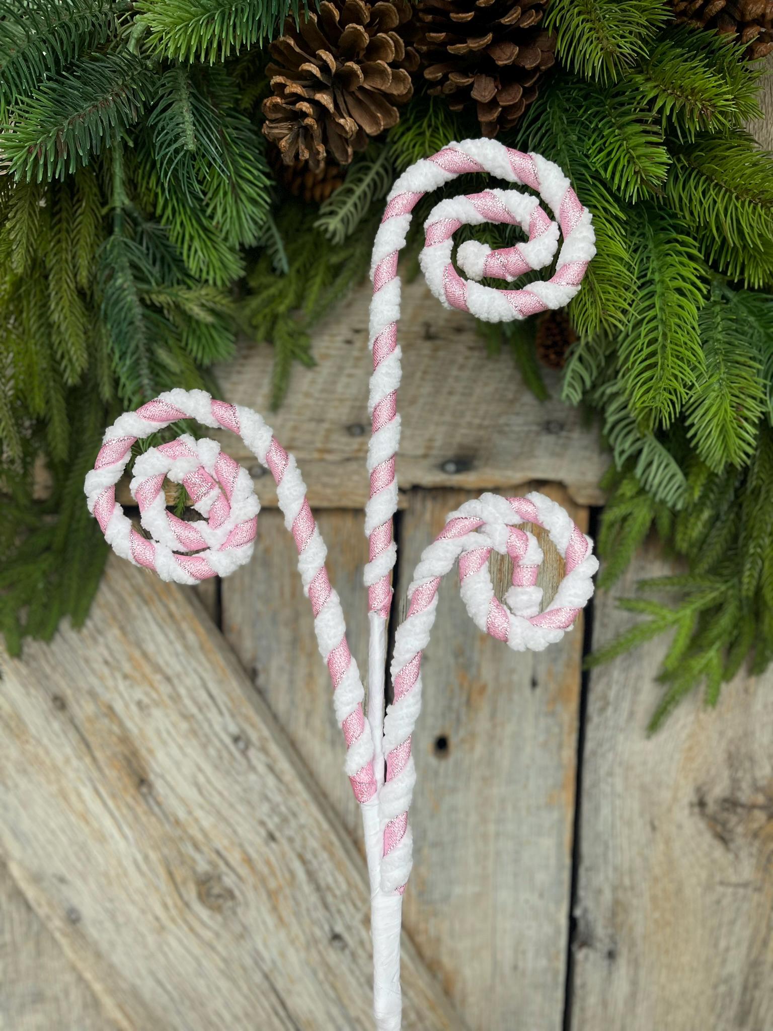 28" Pink White Curly Spray, Christmas Candy Spray, Pink White Swirl Spray, Christmas Pick, Christmas Tree Topper, Wreath Supply, 64523-PKWT