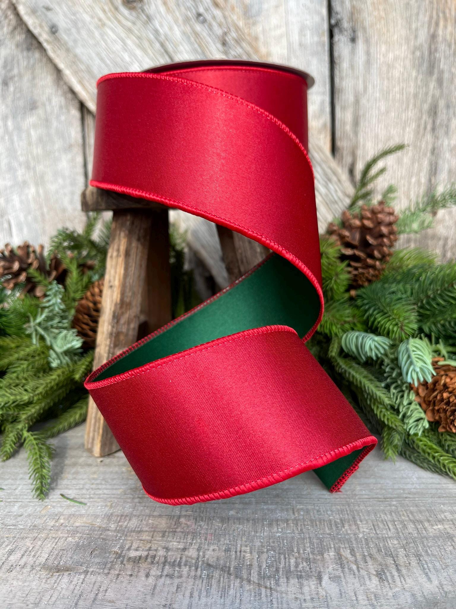 2.5 Red Green Satin Duo Ribbon, Farrisilk Ribbon, Christmas Ribbon, Double Sided Ribbon, Wired RIbbon, Designer Ribbon, RS163-48