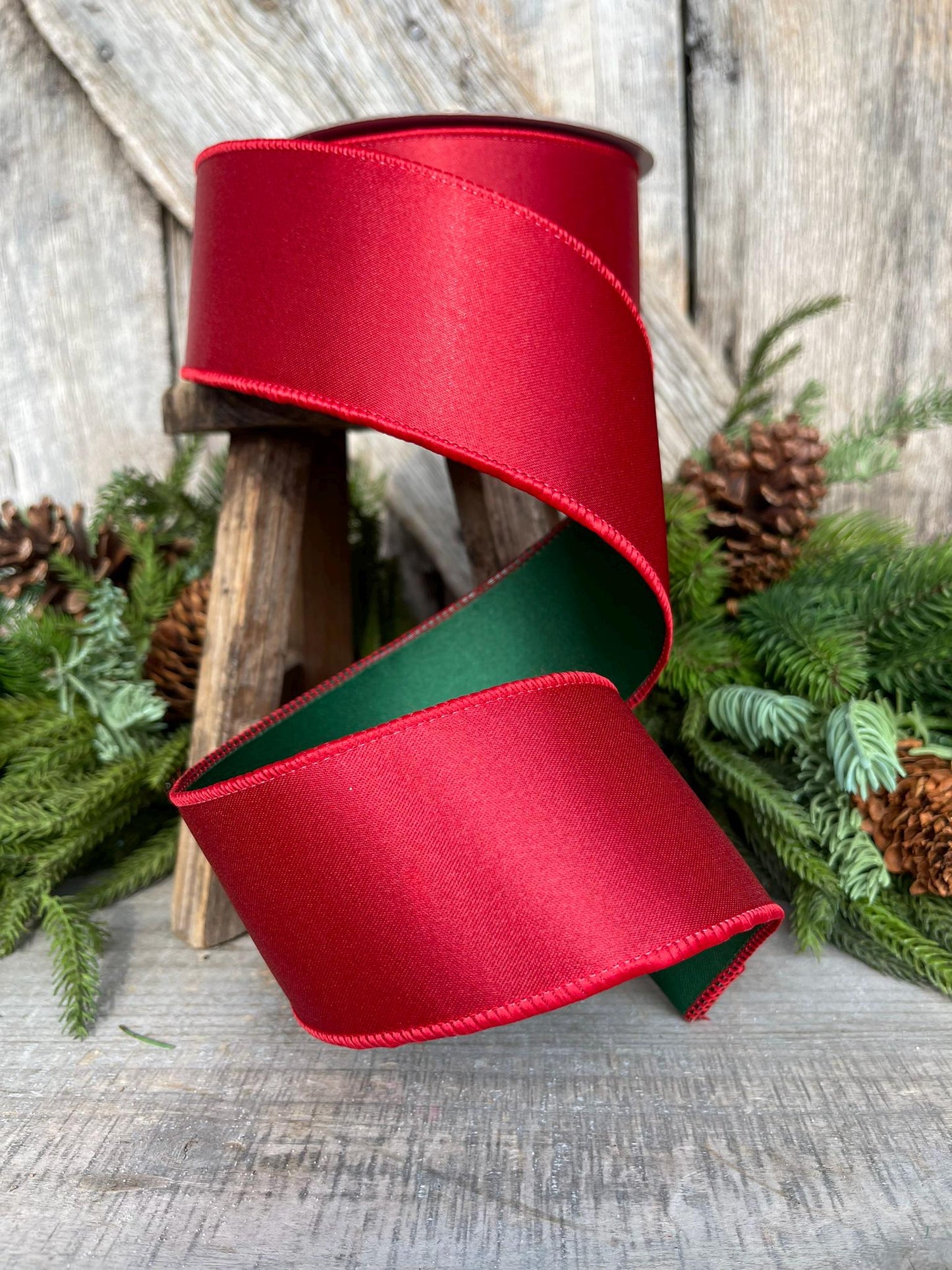 2.5 Red Green Satin Duo Ribbon, Farrisilk Ribbon, Christmas Ribbon, Double Sided Ribbon, Wired RIbbon, Designer Ribbon, RS163-48