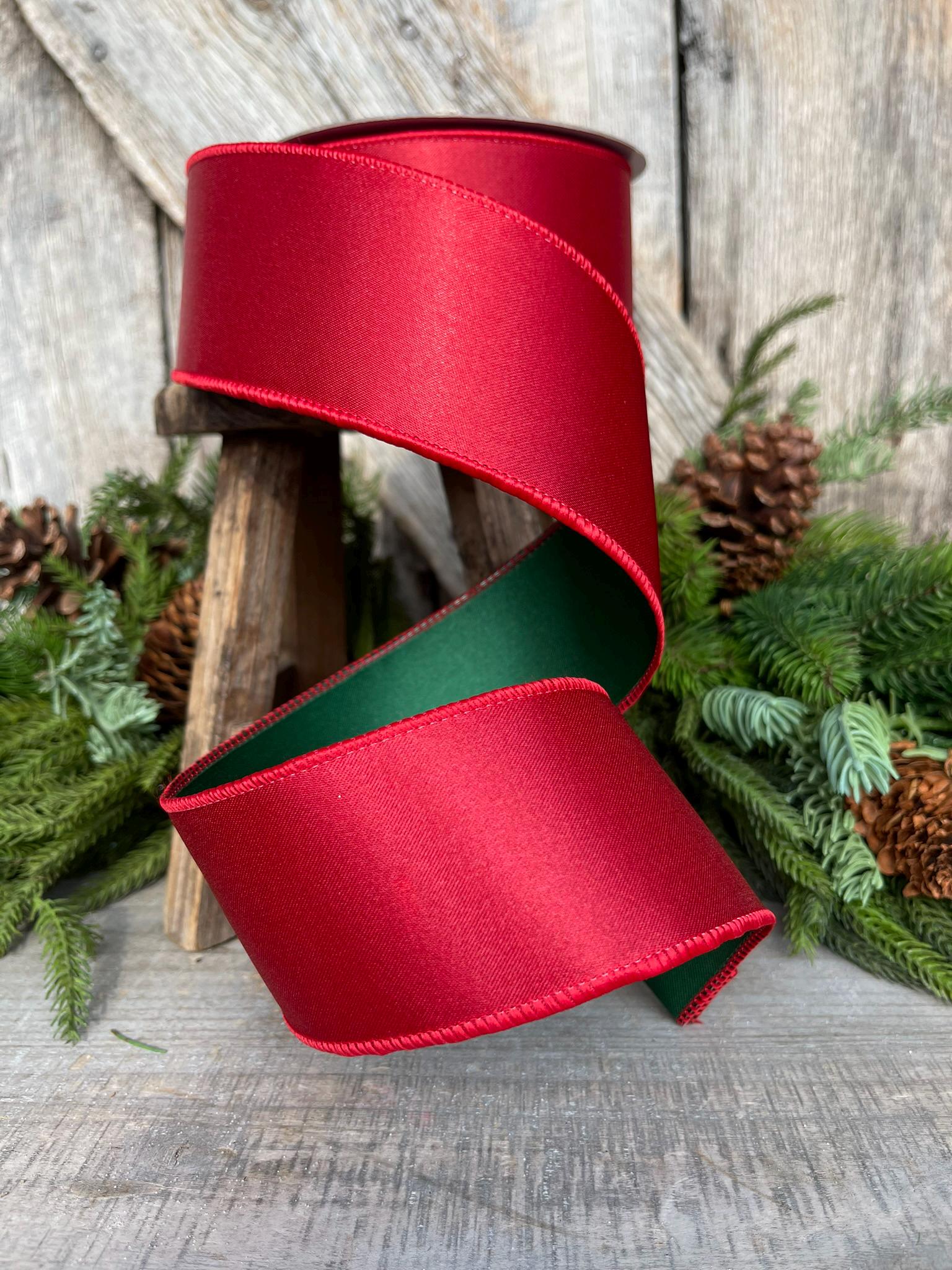 2.5 Red Green Satin Duo Ribbon, Farrisilk Ribbon, Christmas Ribbon, Double Sided Ribbon, Wired RIbbon, Designer Ribbon, RS163-48