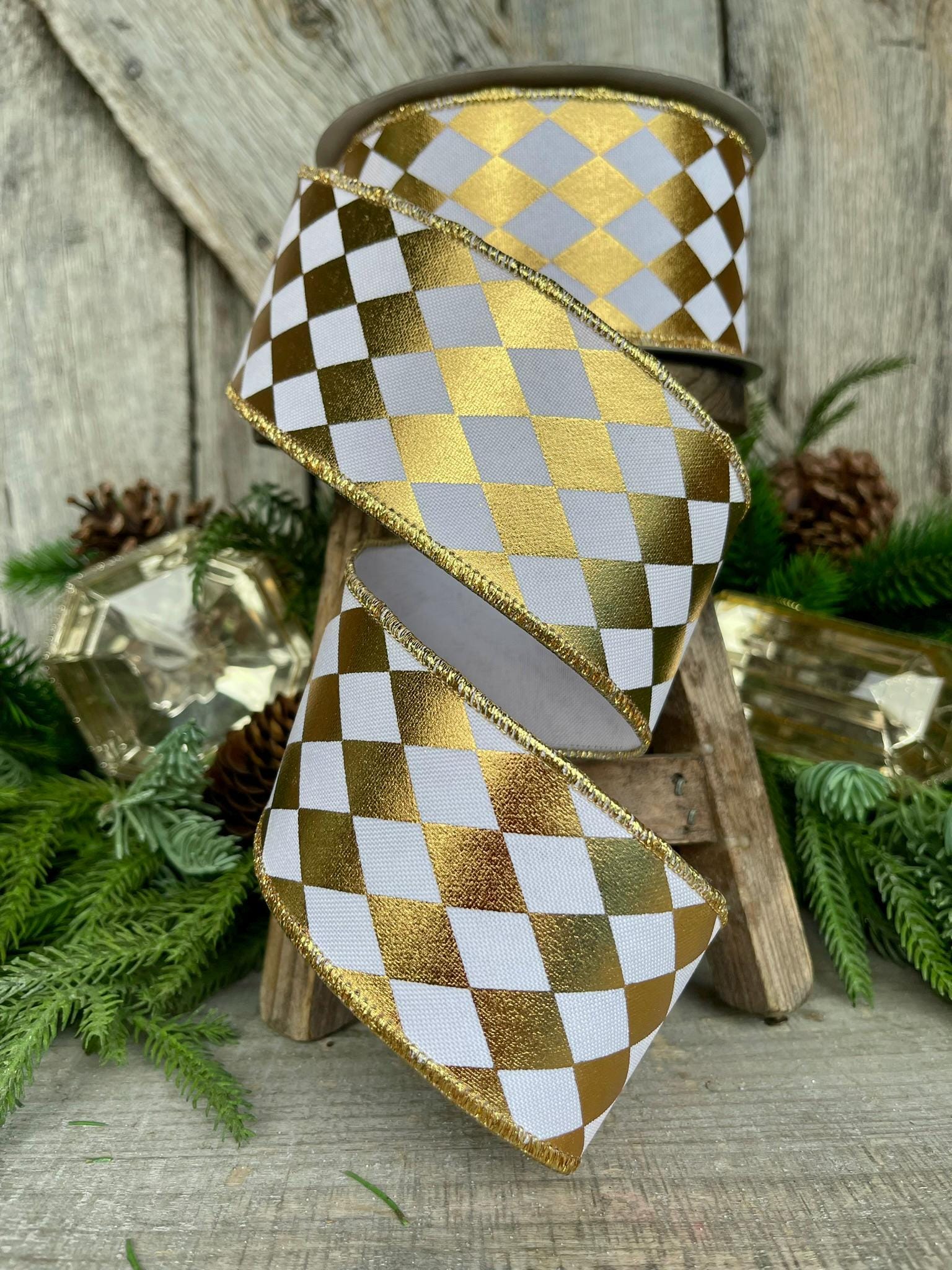 2.5" Gold Foil Harlequin Ribbon, Farrisilk Ribbon, Jester Diamonds, Christmas Ribbon, Gold Ribbon, RA746-50