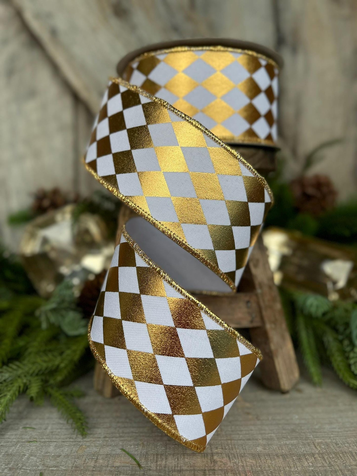 2.5" Gold Foil Harlequin Ribbon, Farrisilk Ribbon, Jester Diamonds, Christmas Ribbon, Gold Ribbon, RA746-50