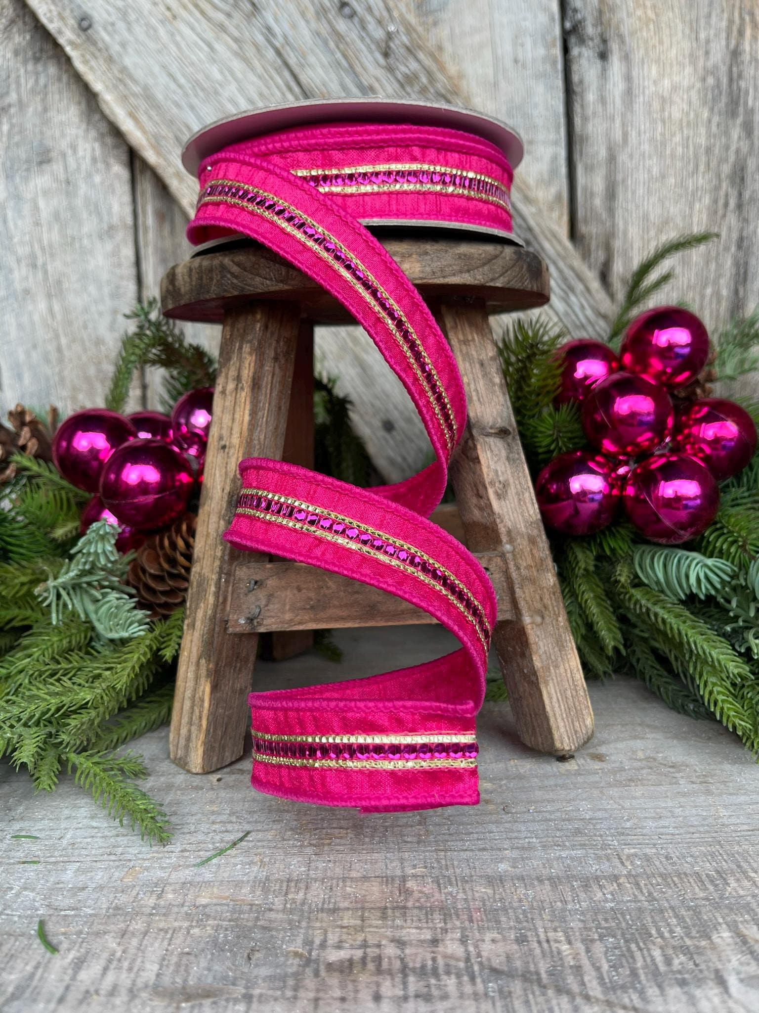 1" Hot Pink Twinkle Trim Ribbon, Farrisilk ribbon, Pink Jeweled RIbbon, Hot Pink Ribbon, Pink Christmas Ribbon, Designer RIbbon, RK756-15