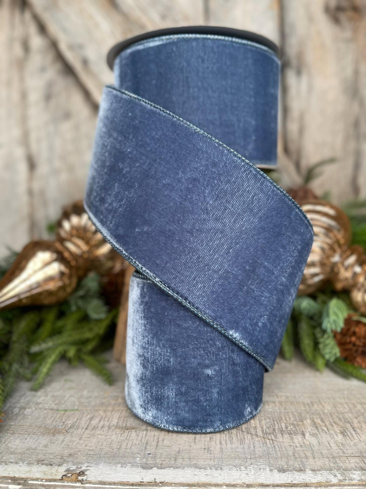 4” Steel Blue Velvet Ribbon, Velvet ribbon, Christmas Ribbon, Wired Ribbon, Winter Ribbon, Blue Ribbon, Velvet ribbon, Christmas tree decor