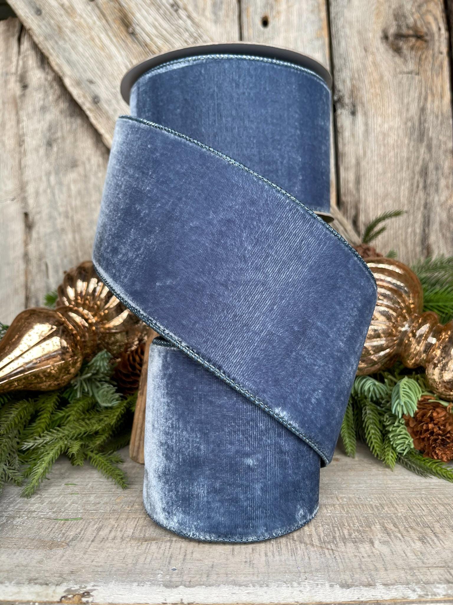 4” Steel Blue Velvet Ribbon, Velvet ribbon, Christmas Ribbon, Wired Ribbon, Winter Ribbon, Blue Ribbon, Velvet ribbon, Christmas tree decor