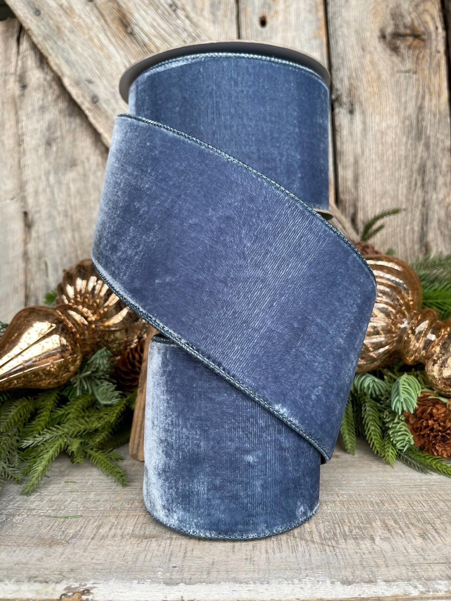 4” Steel Blue Velvet Ribbon, Velvet ribbon, Christmas Ribbon, Wired Ribbon, Winter Ribbon, Blue Ribbon, Velvet ribbon, Christmas tree decor