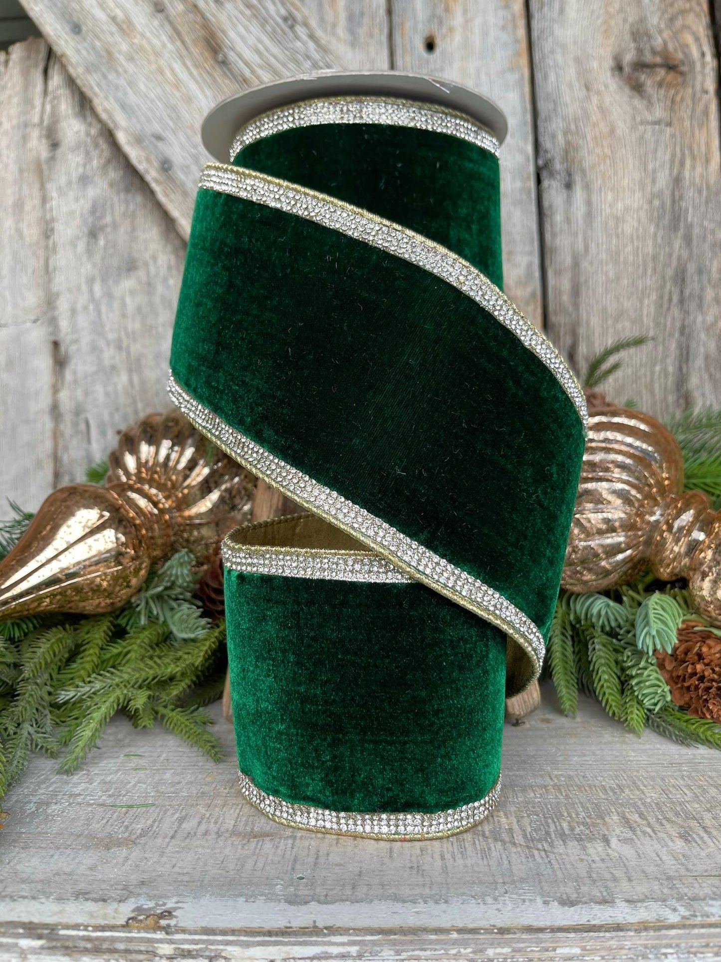 4" Emerald Green Velvet Ribbonn, Farrisilk Ribbon, Winter Diamonds Ribbon, Rhinestone Trim Ribbon, Christmas Ribbon, RK682-55