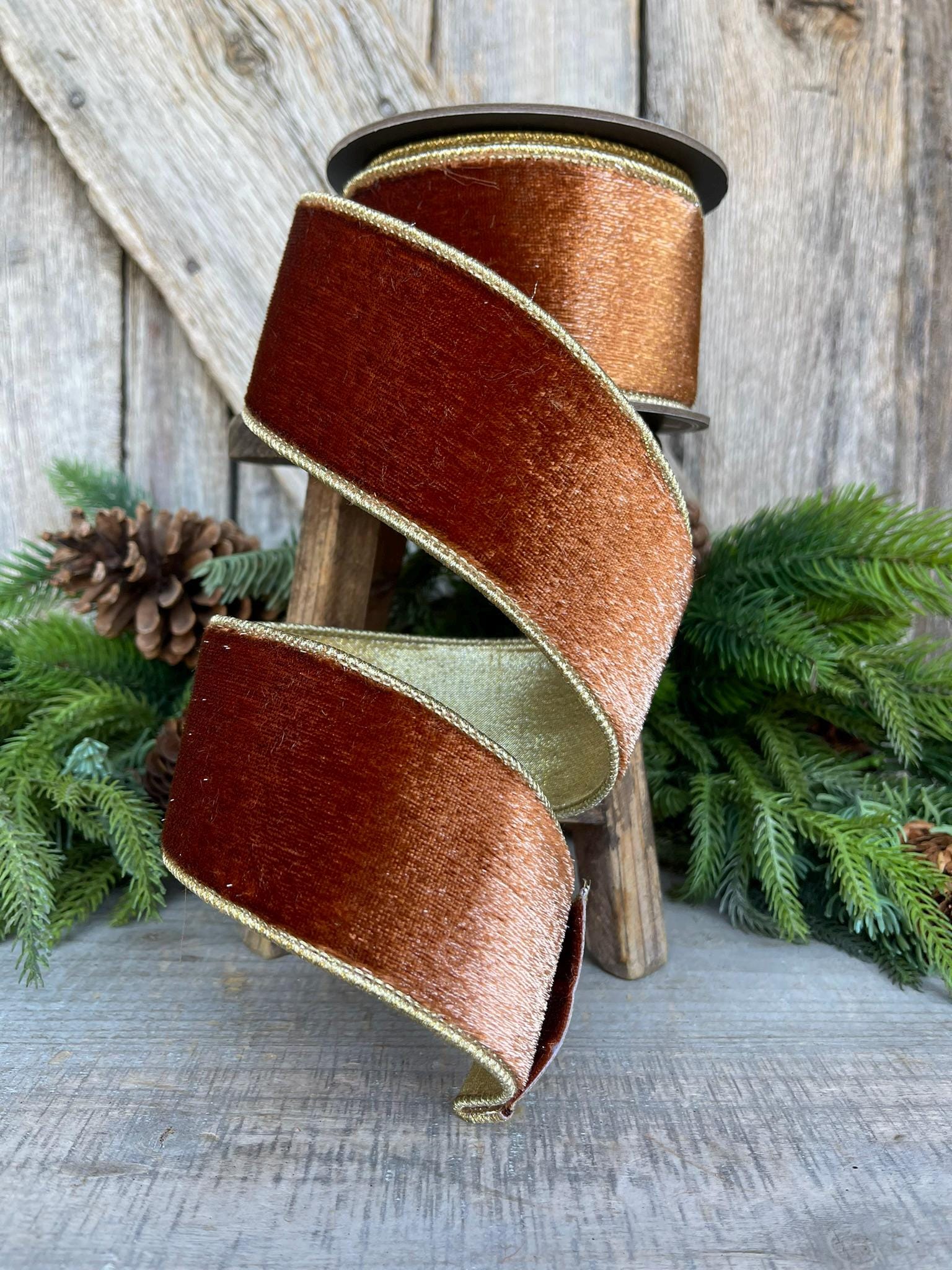 2.5” Bronze Wired Velvet Ribbon, 5 yards, Wired ribbon, Woodsy ribbon, Christmas ribbon, wired ribbon, designer ribbon, wreath supply