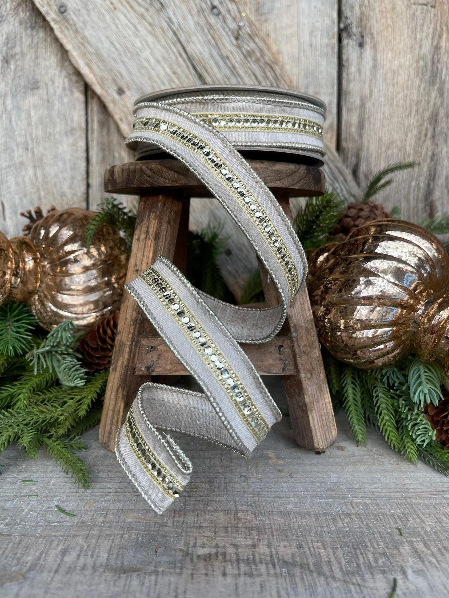 1" Platinum GoldTwinkle Trim Ribbon, Farrisilk ribbon, Platinum Jeweled RIbbon, Champagne Gold Ribbon, Gold Christmas Ribbon,Designer RIbbon