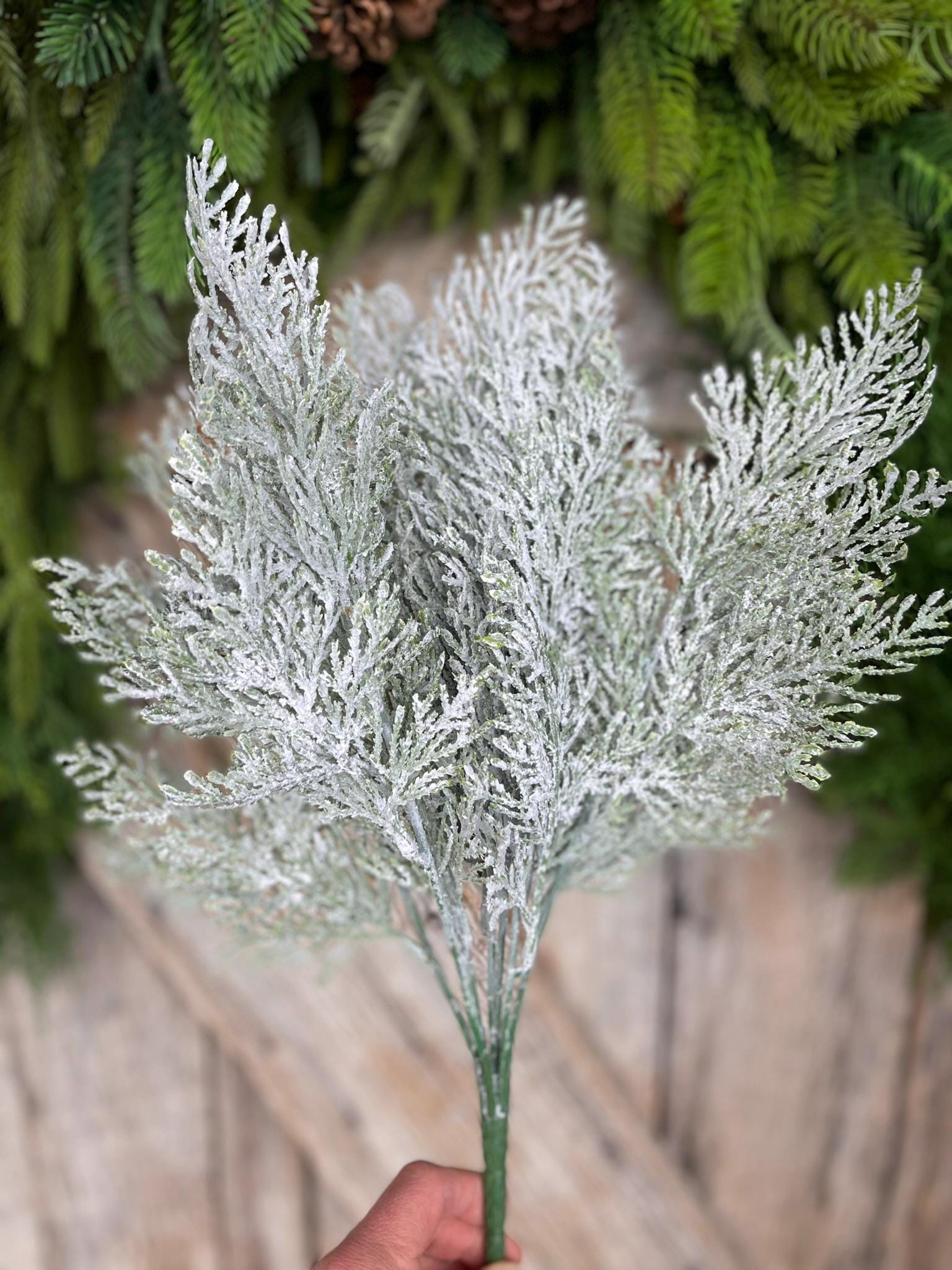 18" Frosted Cypress Pine Bush, Frosted Pine Bush, Artificial pine spray, Christmas greenery, Christmas spray, Christmas pine, 83611