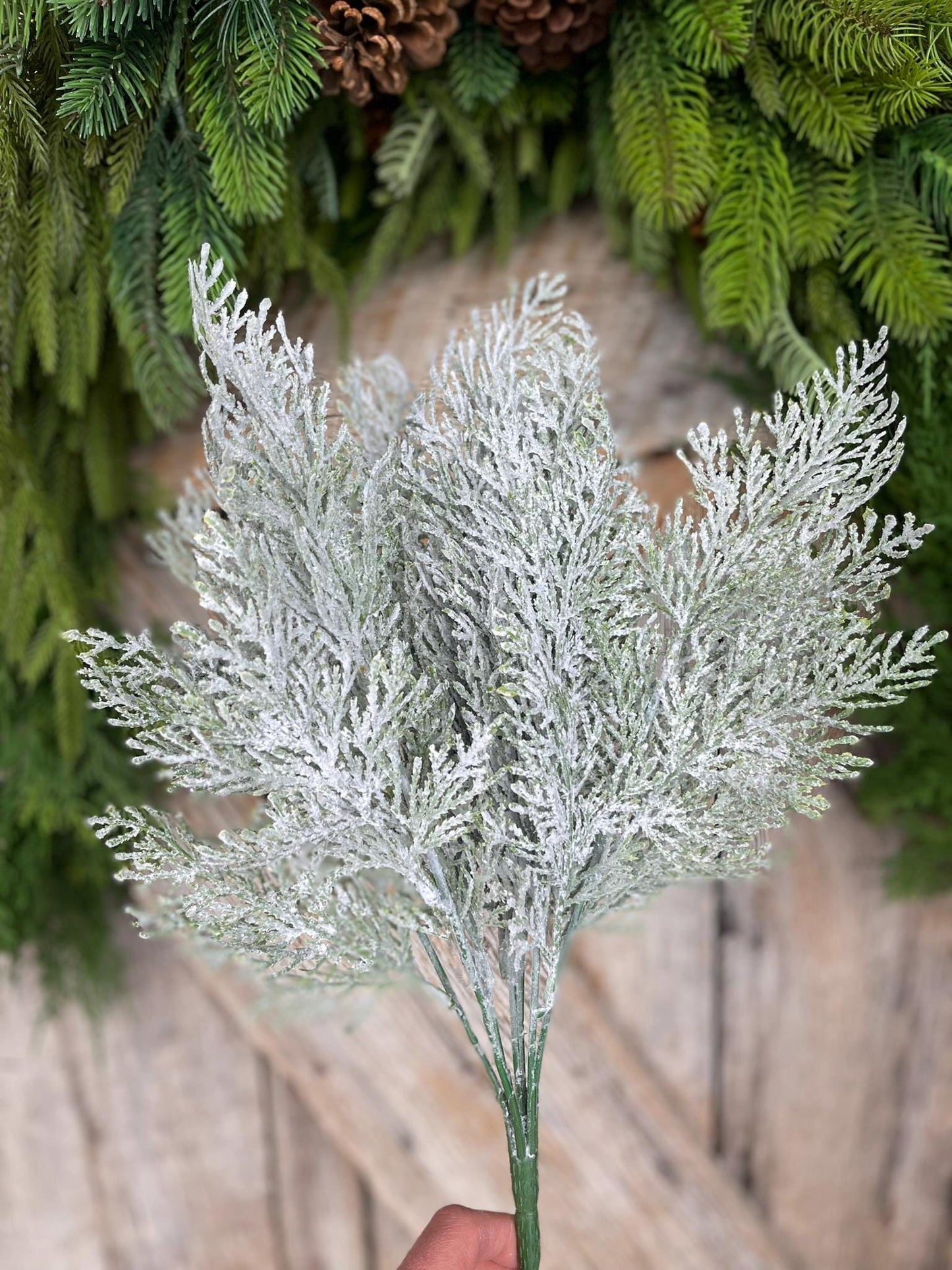 18" Frosted Cypress Pine Bush, Frosted Pine Bush, Artificial pine spray, Christmas greenery, Christmas spray, Christmas pine, 83611