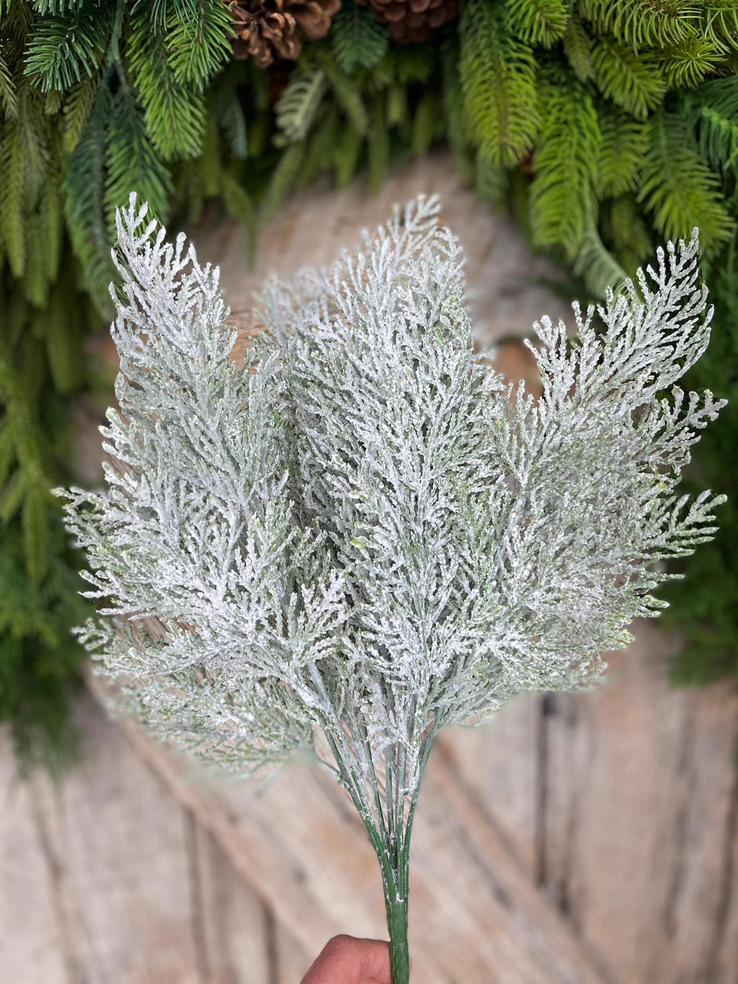 18" Frosted Cypress Pine Bush, Frosted Pine Bush, Artificial pine spray, Christmas greenery, Christmas spray, Christmas pine, 83611