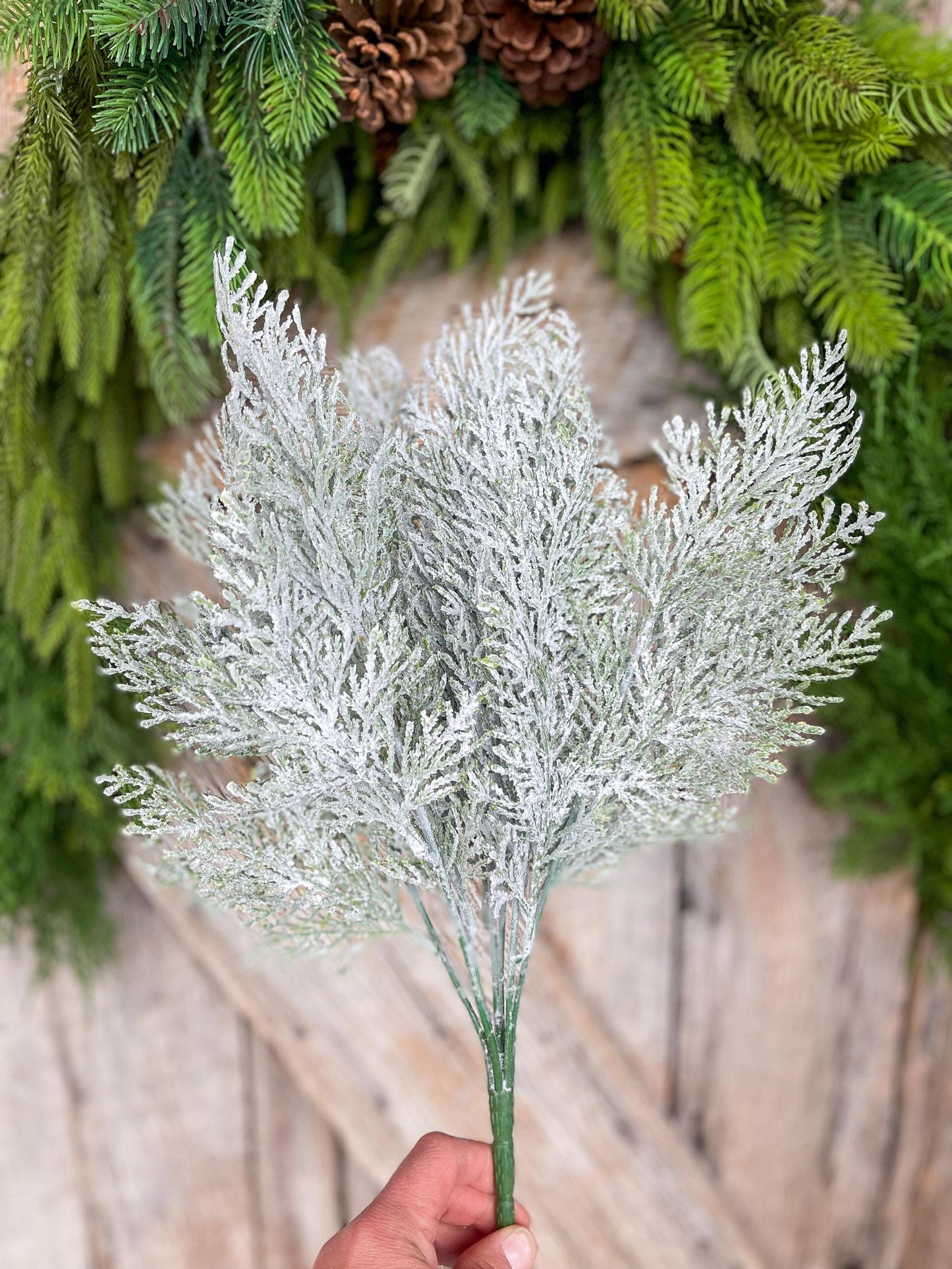 18" Frosted Cypress Pine Bush, Frosted Pine Bush, Artificial pine spray, Christmas greenery, Christmas spray, Christmas pine, 83611