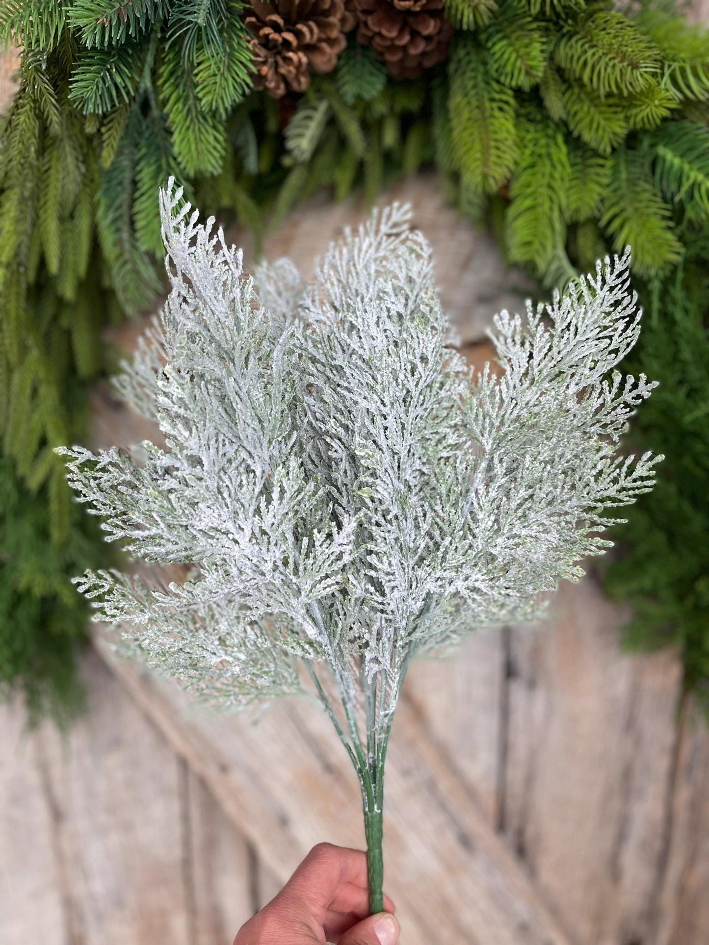 18" Frosted Cypress Pine Bush, Frosted Pine Bush, Artificial pine spray, Christmas greenery, Christmas spray, Christmas pine, 83611