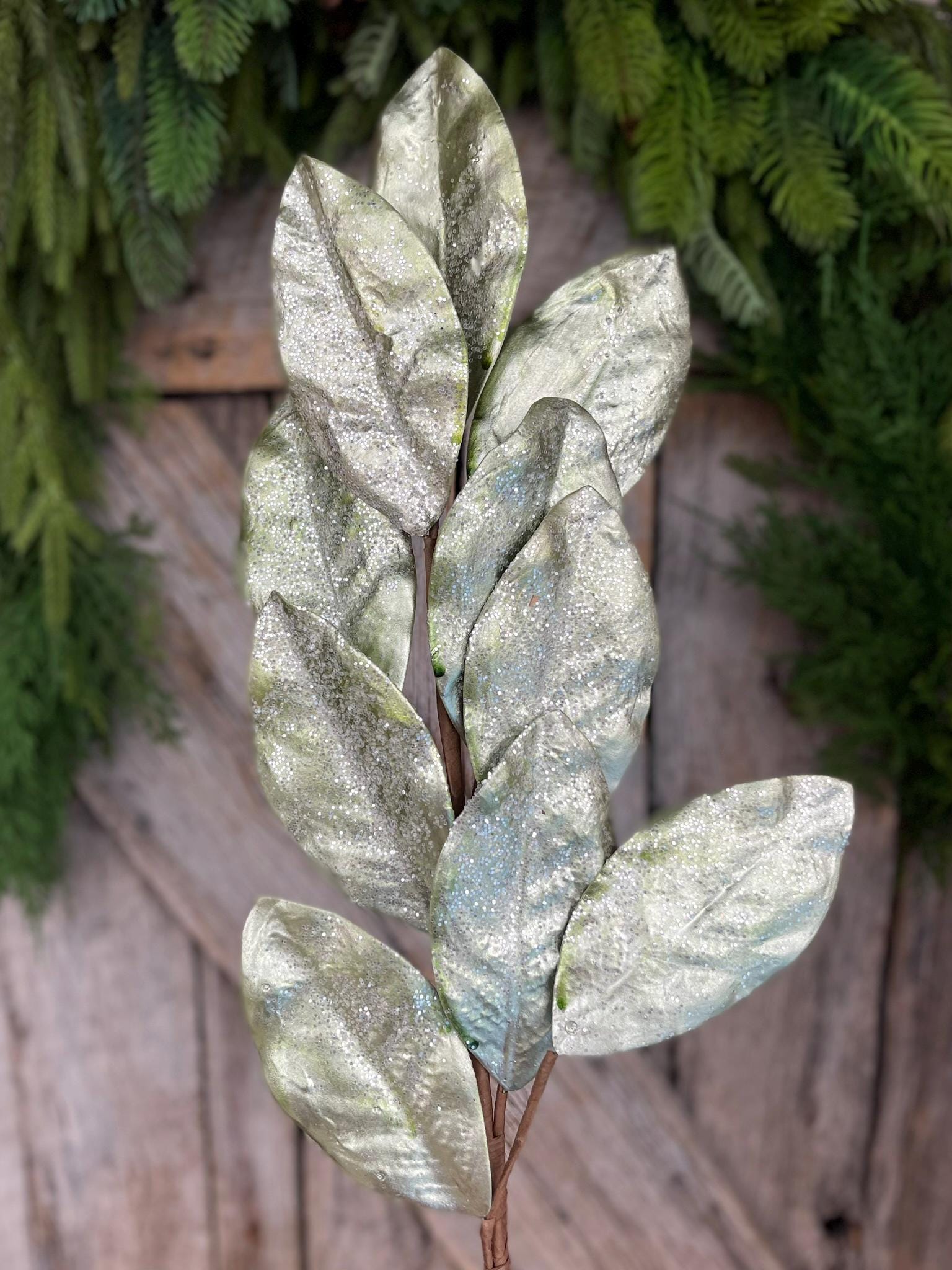 30" Aqua Glitter Metallic Magnolia Leaf Spray, Christmas Spray, Christmas Tree Spray, MTX64438