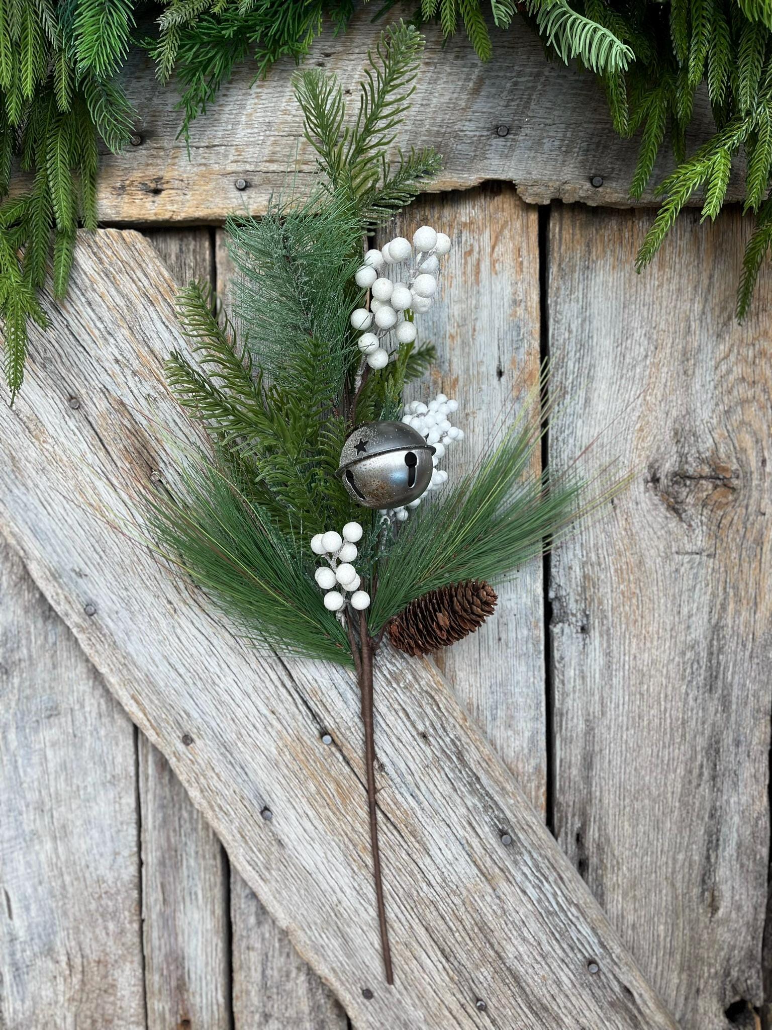 26" Pine Berry Bell Spray, Artificial Pine Spray, White Berry Spray, Christmas Pine, Winter Pine, 64222