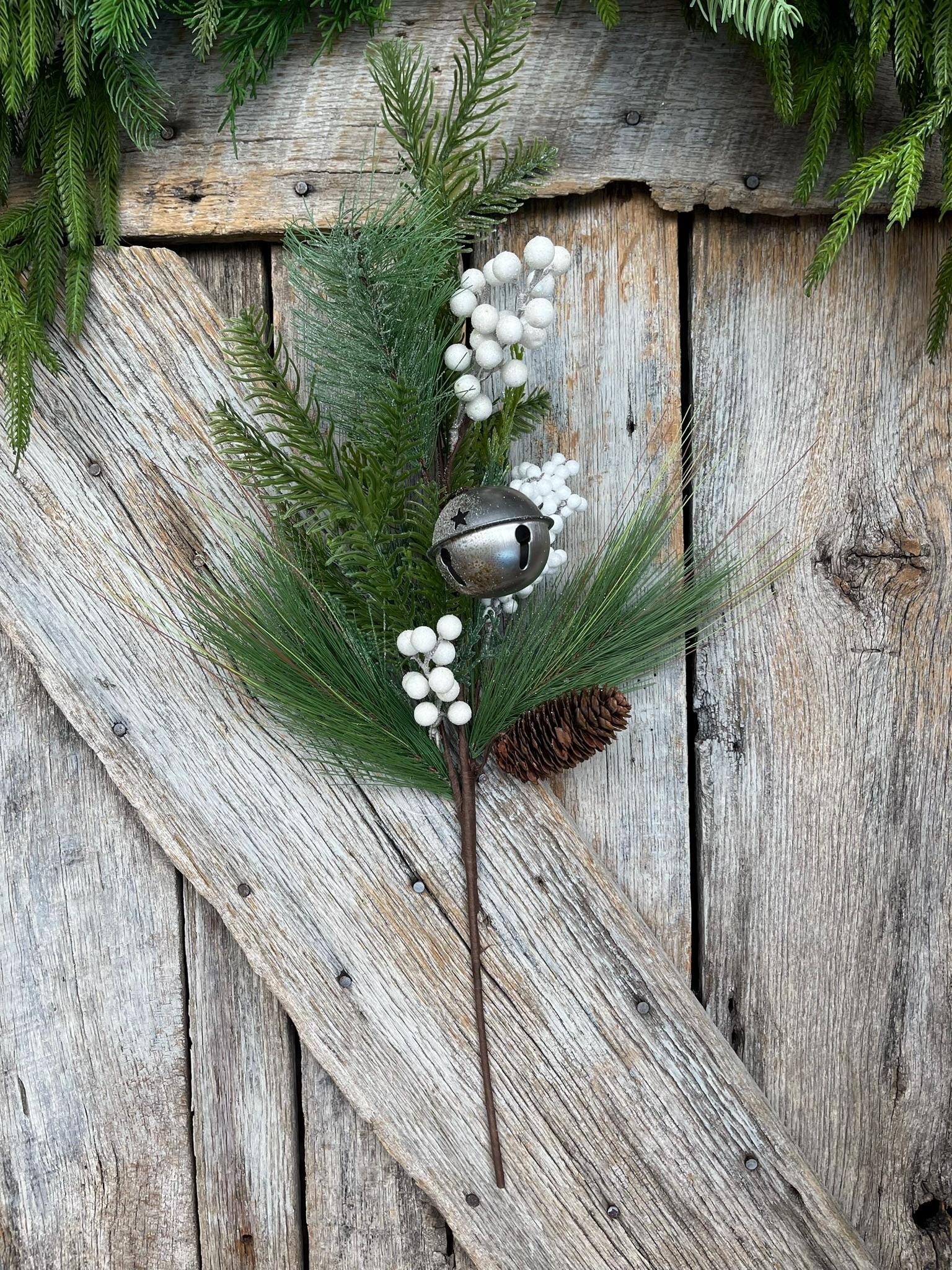 26" Pine Berry Bell Spray, Artificial Pine Spray, White Berry Spray, Christmas Pine, Winter Pine, 64222