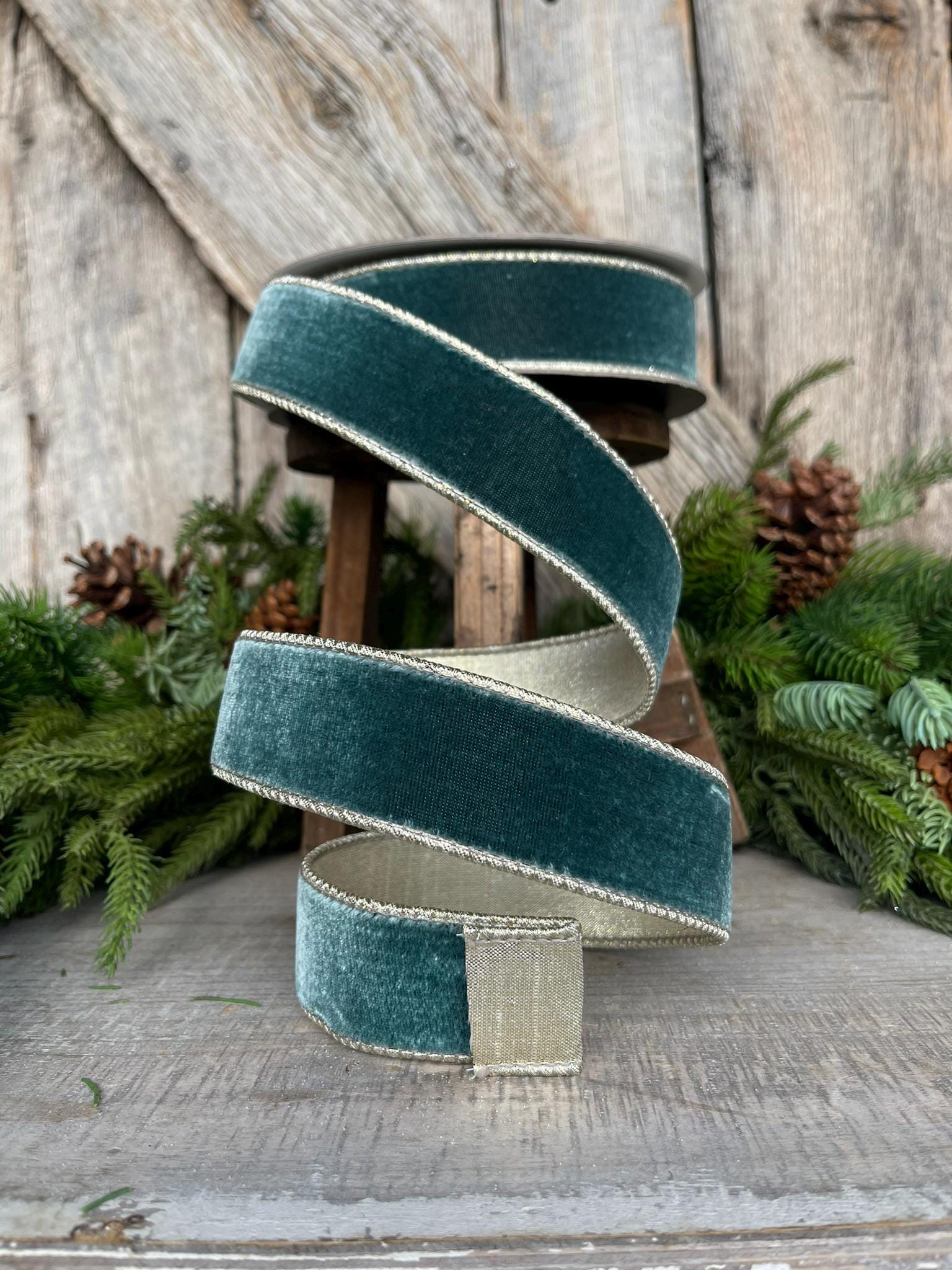 1.5" Teal Celadon Flashy Velvet Ribbon, Farrisilk ribbon