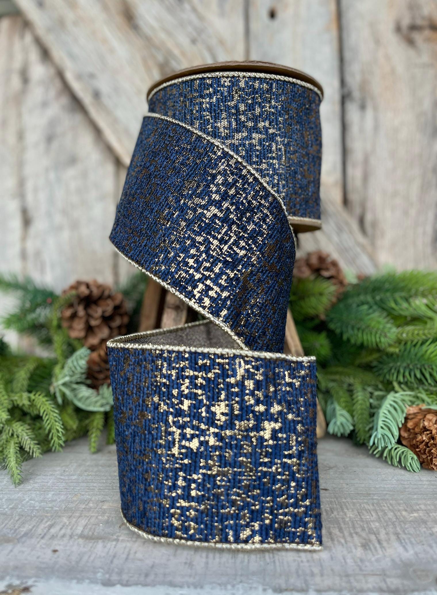 4" Navy Blue Gold Wired RIbbon, Navy Jacquard Ribbon