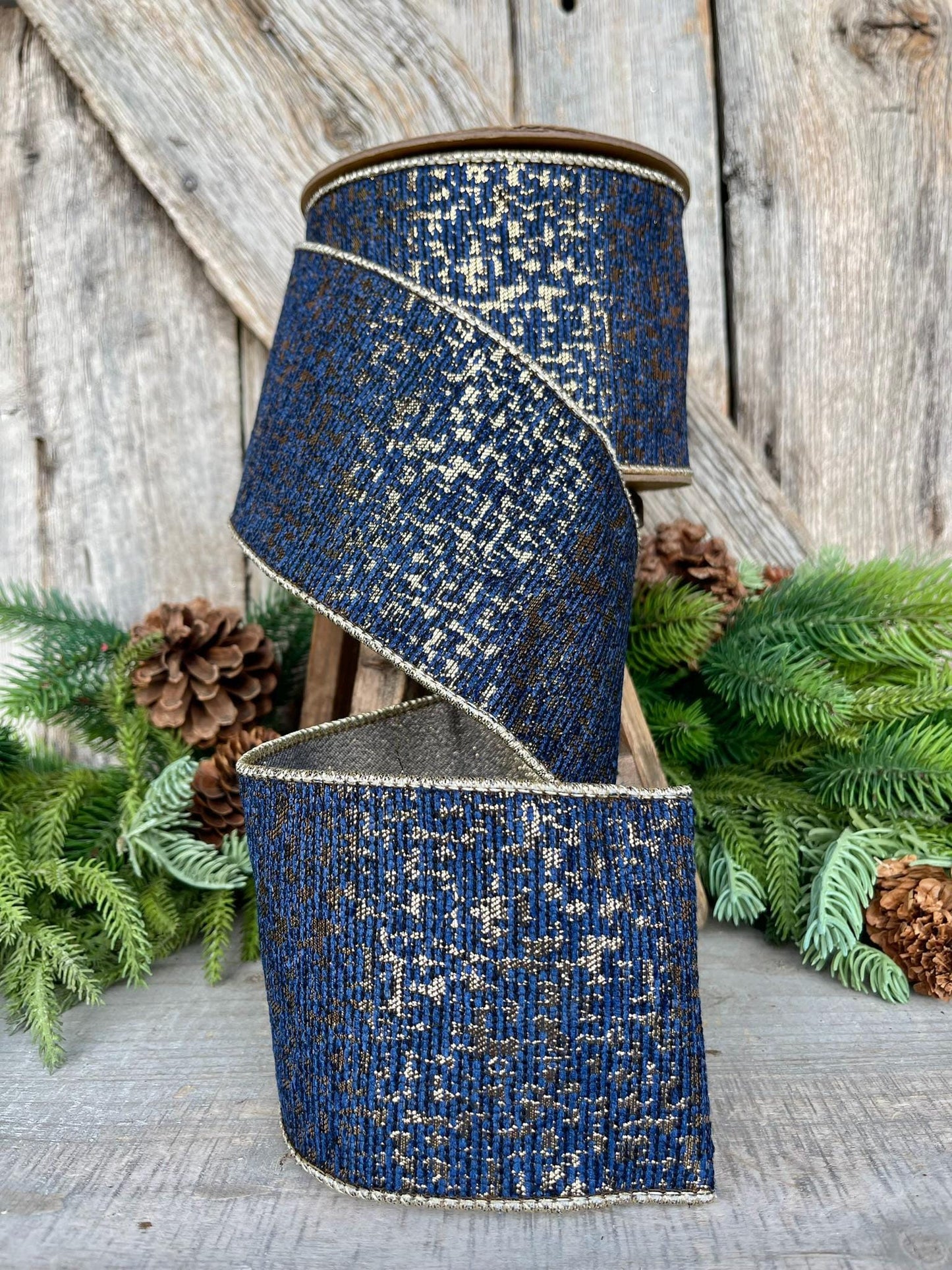 4" Navy Blue Gold Wired RIbbon, Navy Jacquard Ribbon