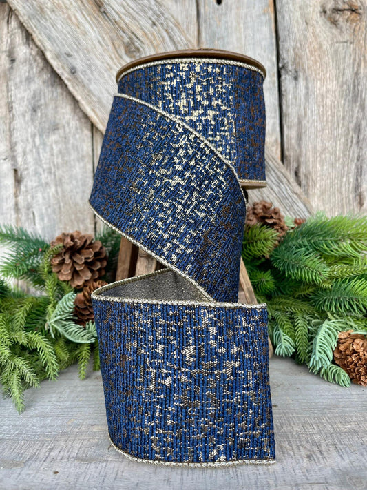 4" Navy Blue Gold Wired RIbbon, Navy Jacquard Ribbon, Christmas Tree Ribbon, Navy Blue Ribbon, Blue Christmas Ribbon