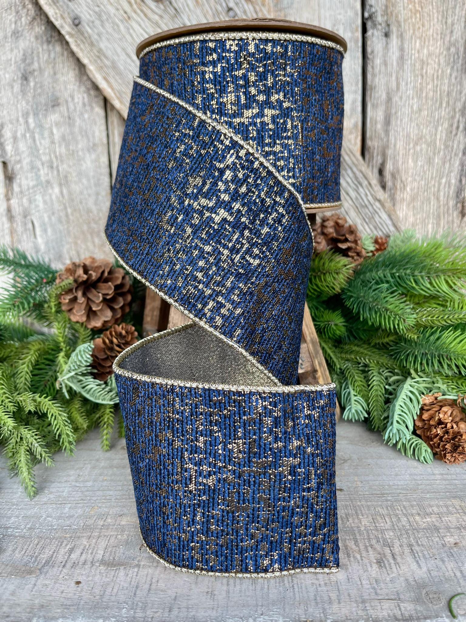 4" Navy Blue Gold Wired RIbbon, Navy Jacquard Ribbon