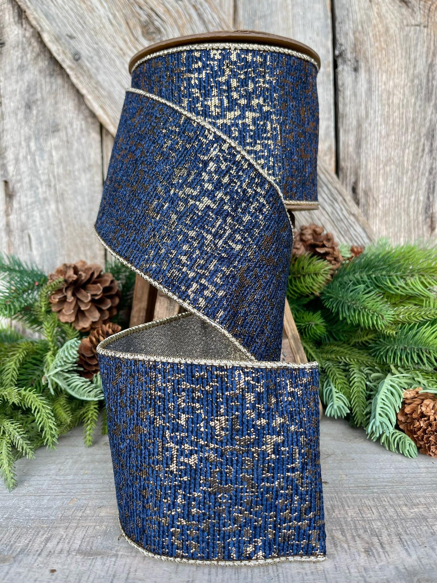 4" Navy Blue Gold Wired RIbbon, Navy Jacquard Ribbon