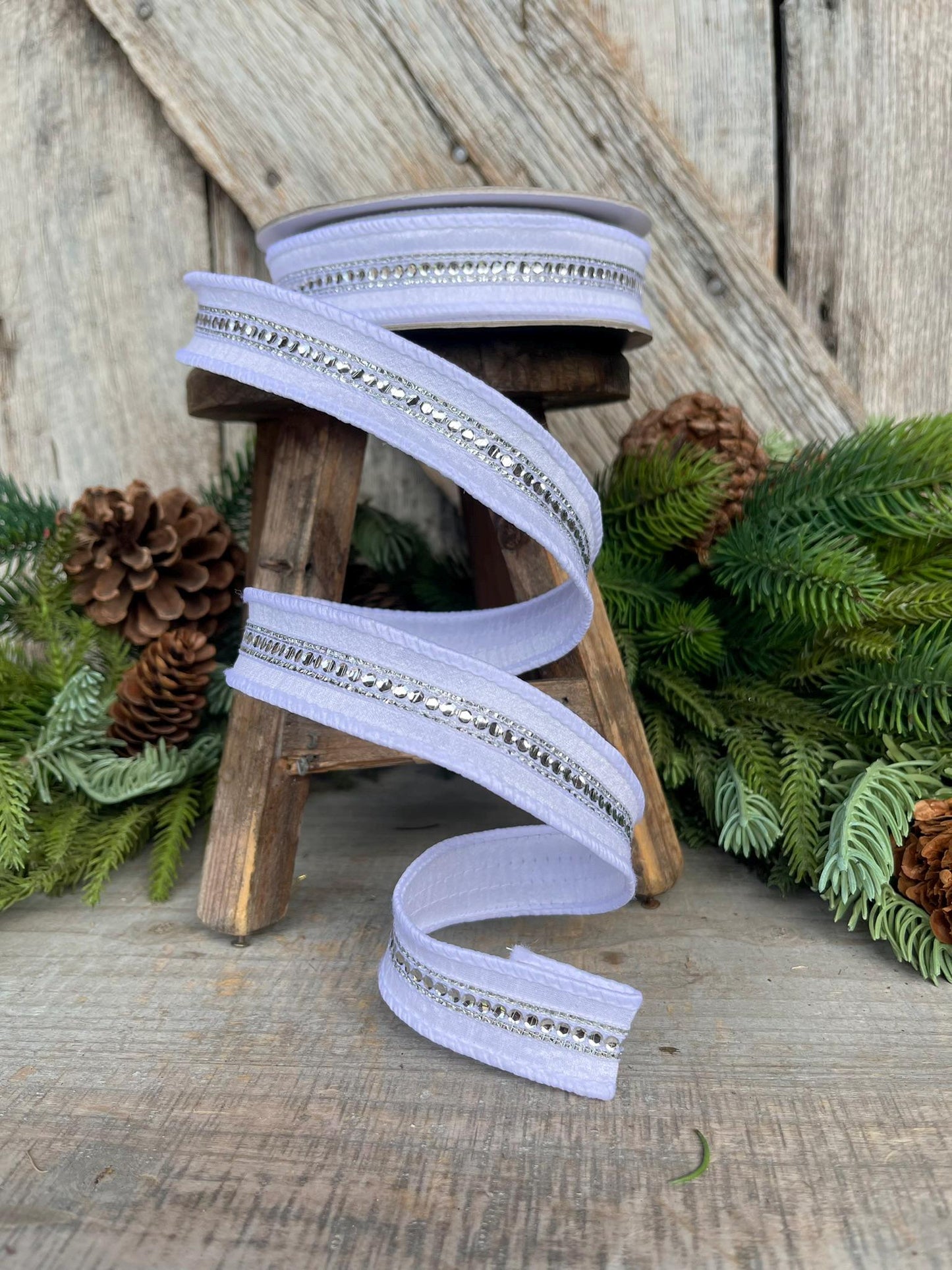 1" White Silver Twinkle Trim Ribbon, Farrisilk ribbon