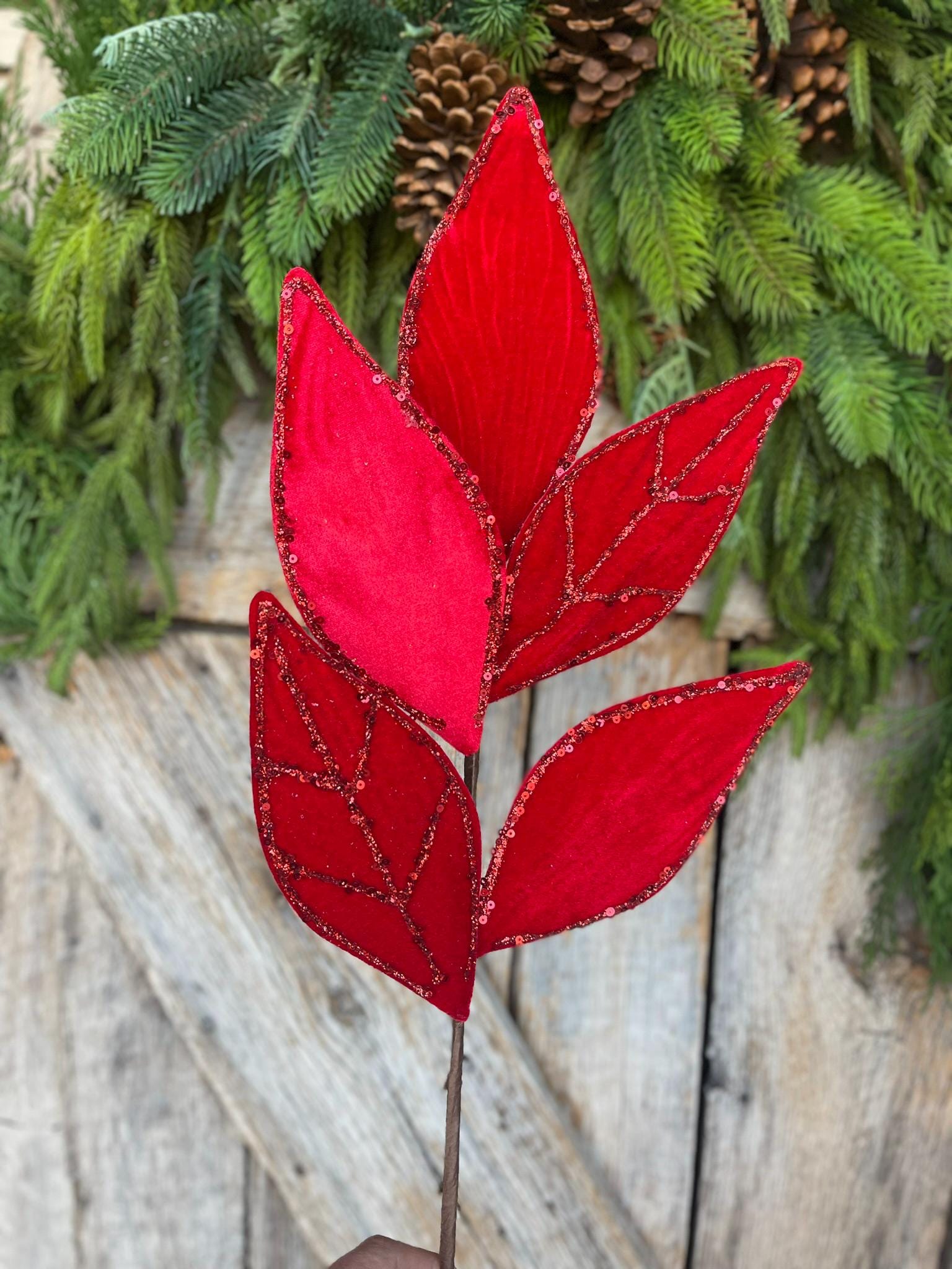 21" Red Glittered Vein Velvet Leaf Spray, Christmas Leaves Spray