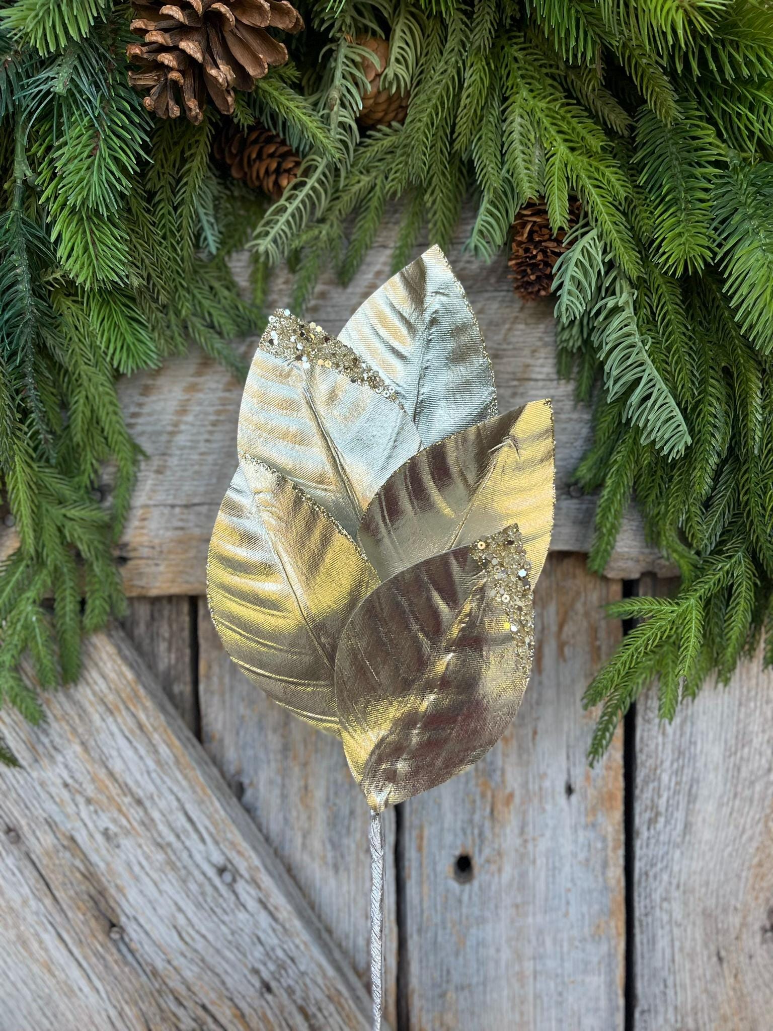 16" Gold Metallic Leaf Spray, Christmas Leaf Spray, Christmas Tree Spray, Gold Leaf SPray, Gold Christmas Tree Spray