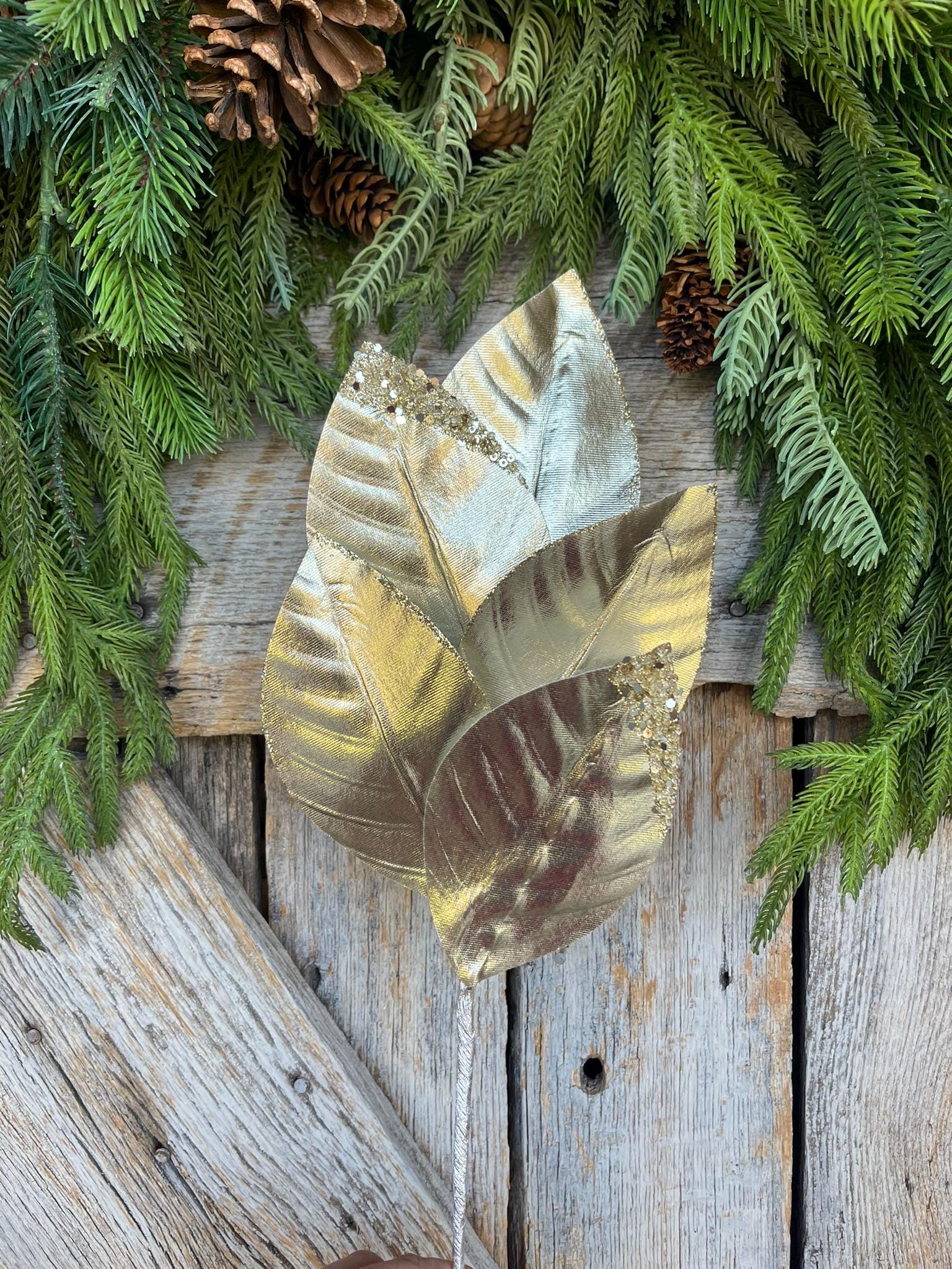 16" Gold Metallic Leaf Spray, Christmas Leaf Spray, Christmas Tree Spray, Gold Leaf SPray, Gold Christmas Tree Spray