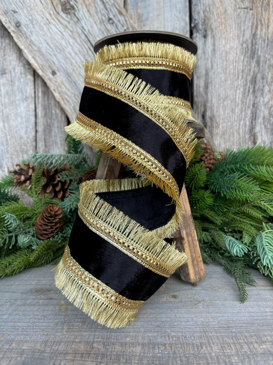 2.5" Black Velvet Gold Fringe Ribbon, Christmas Ribbon, Black and Gold RIbbon, Christmas Tree Ribbon, Wired Ribbon, 94414W-986-40D