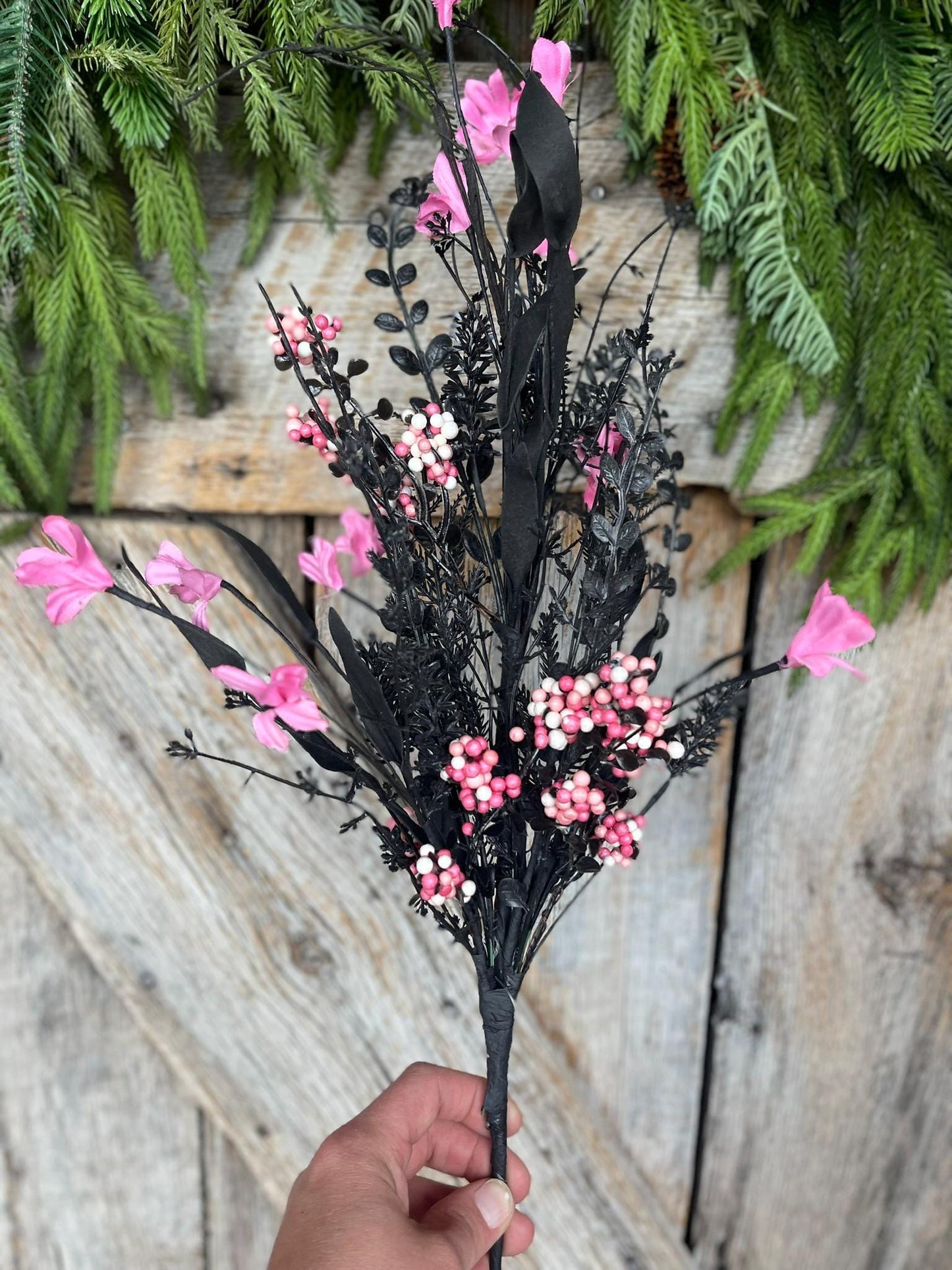 24" Black Pink Halloween Spray, 60919, Black Pink MIxed Leaf Spray, Halloween Greenery, FH807156