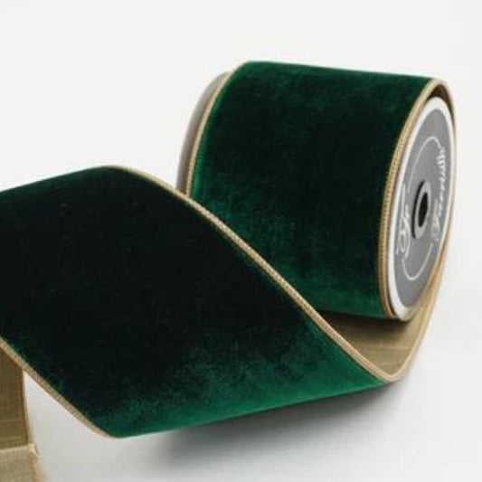 4" Emerald Green Gold Velvet, Farrisilk Ribbon, Velvet Ribbon, Green Velvet Ribbon, Green and Gold Velvet, Christmas Ribbon, RK132-10